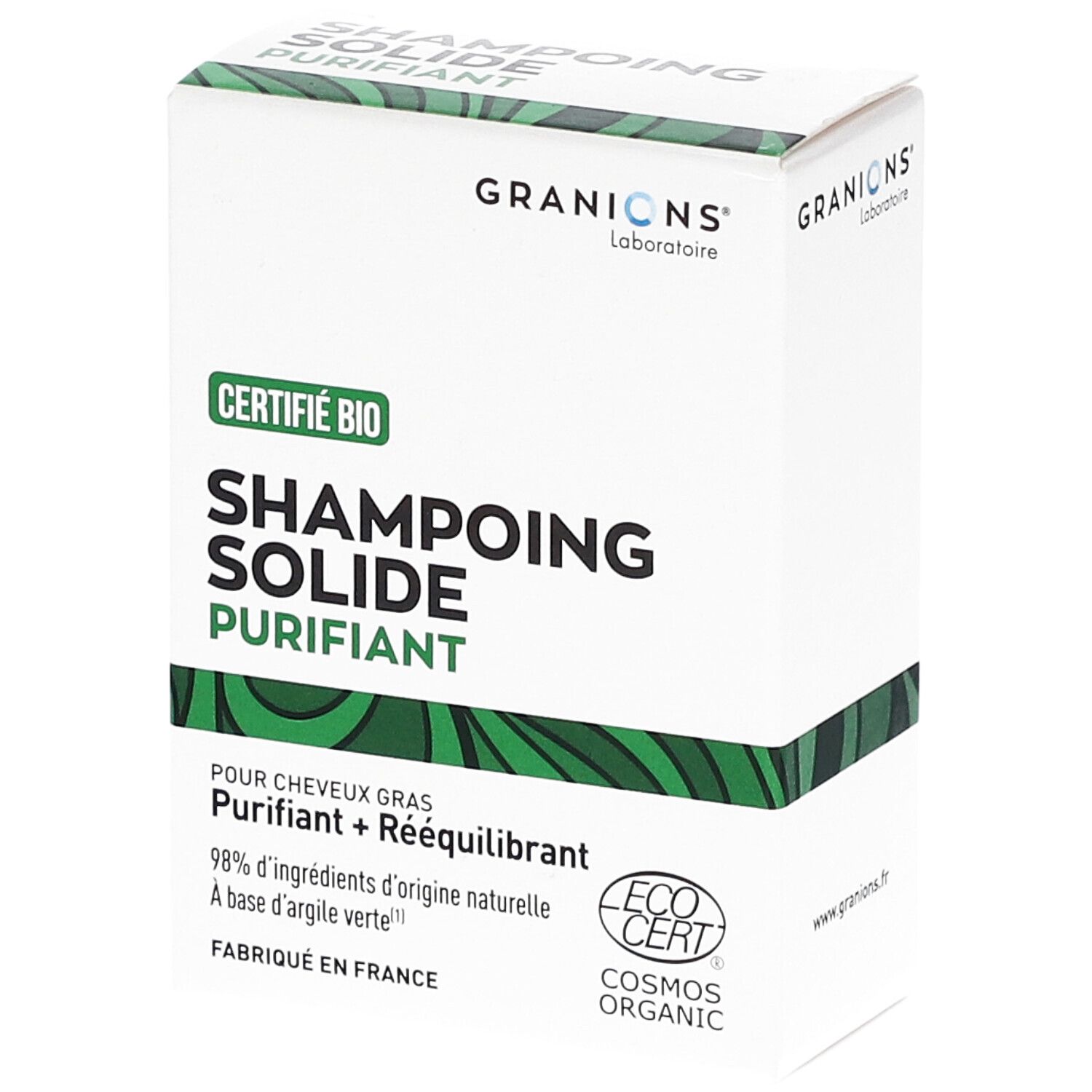 Weiße Kartonverpackung mit grünem Akzent. Text: "Shampoing Solide Purifiant", "Certifié Bio", "Granions".