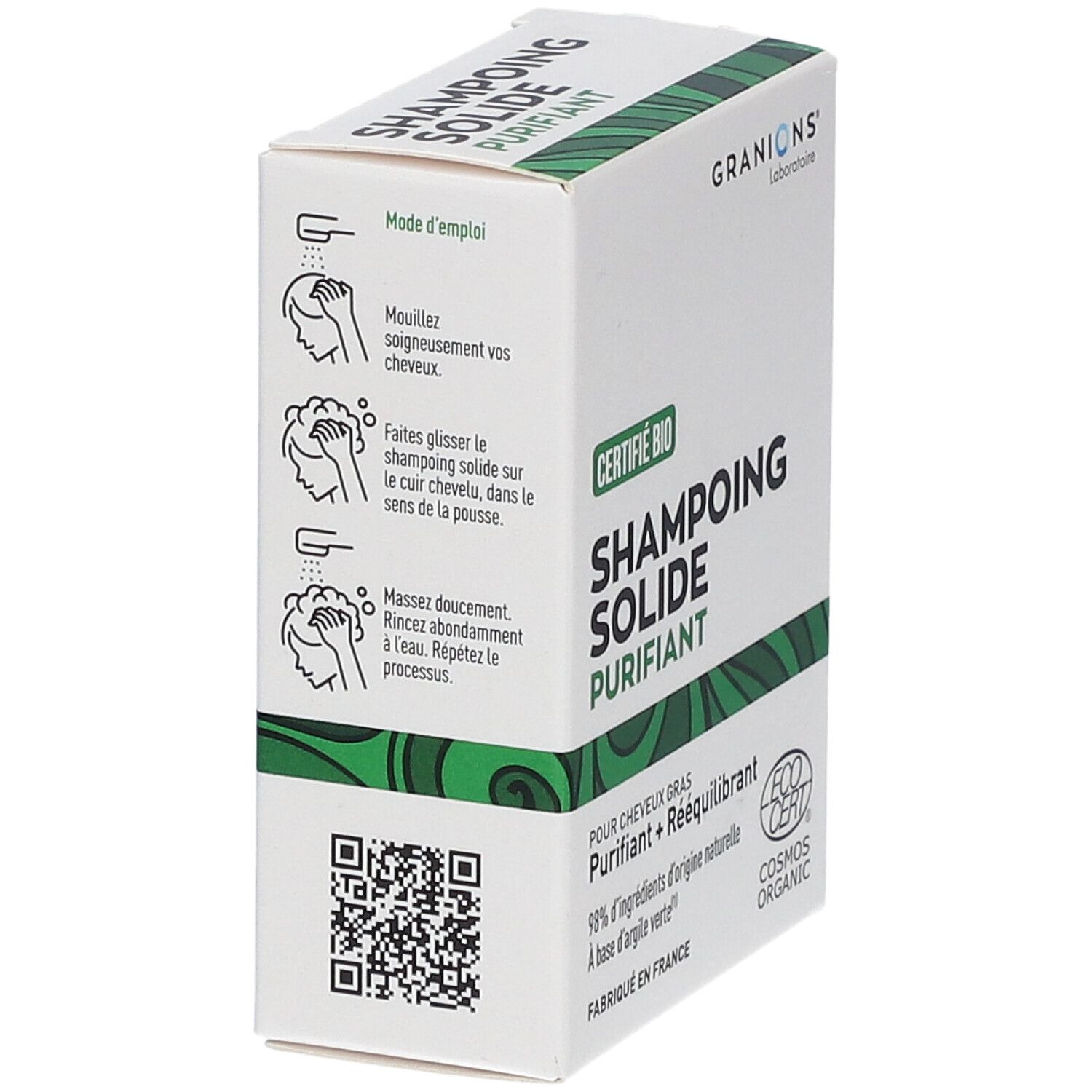 Weiße Verpackung mit grünen Akzenten. Abbildungen: Anwendungsschritte. Text: "Shampoing Solide Purifiant", "Certifié Bio".