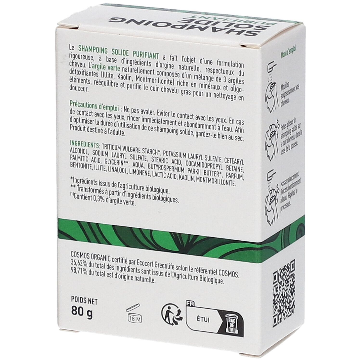Weiße Verpackung mit Text und Inhaltsstoffen. Text: "Shampoing Solide Purifiant", "80 g", "Cosmos Organic".