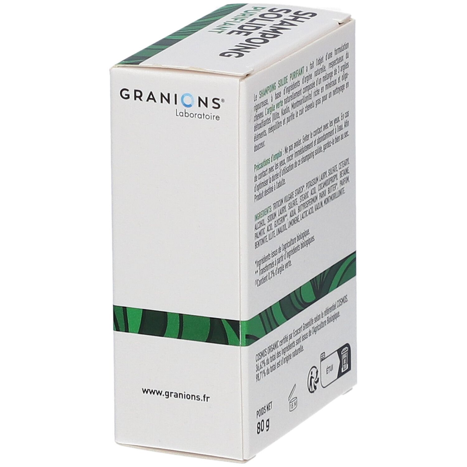 Weiße Verpackung mit grünem Akzent. Text: "Shampoing Solide Purifiant", "Granions", "80 g", "www.granions.fr".