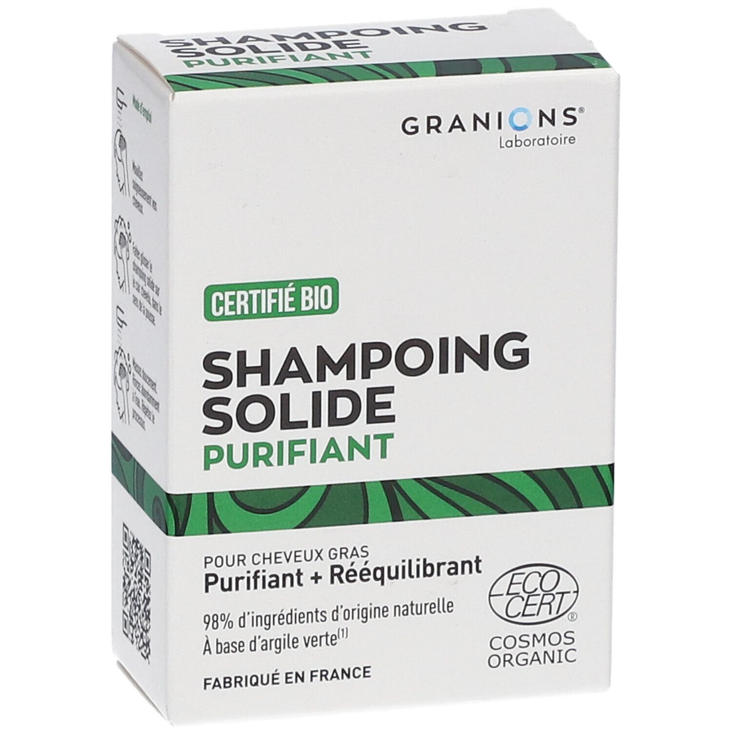 Weiße Kartonverpackung mit grünem Akzent. Text: "Shampoing Solide Purifiant", "Certifié Bio", "Granions".