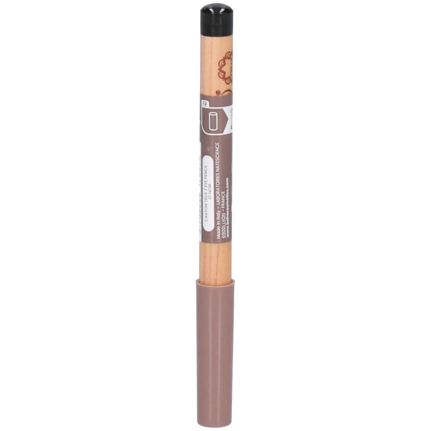Crayon noir et marron. Partie inférieure rose. Inscriptions sur le corps du crayon.