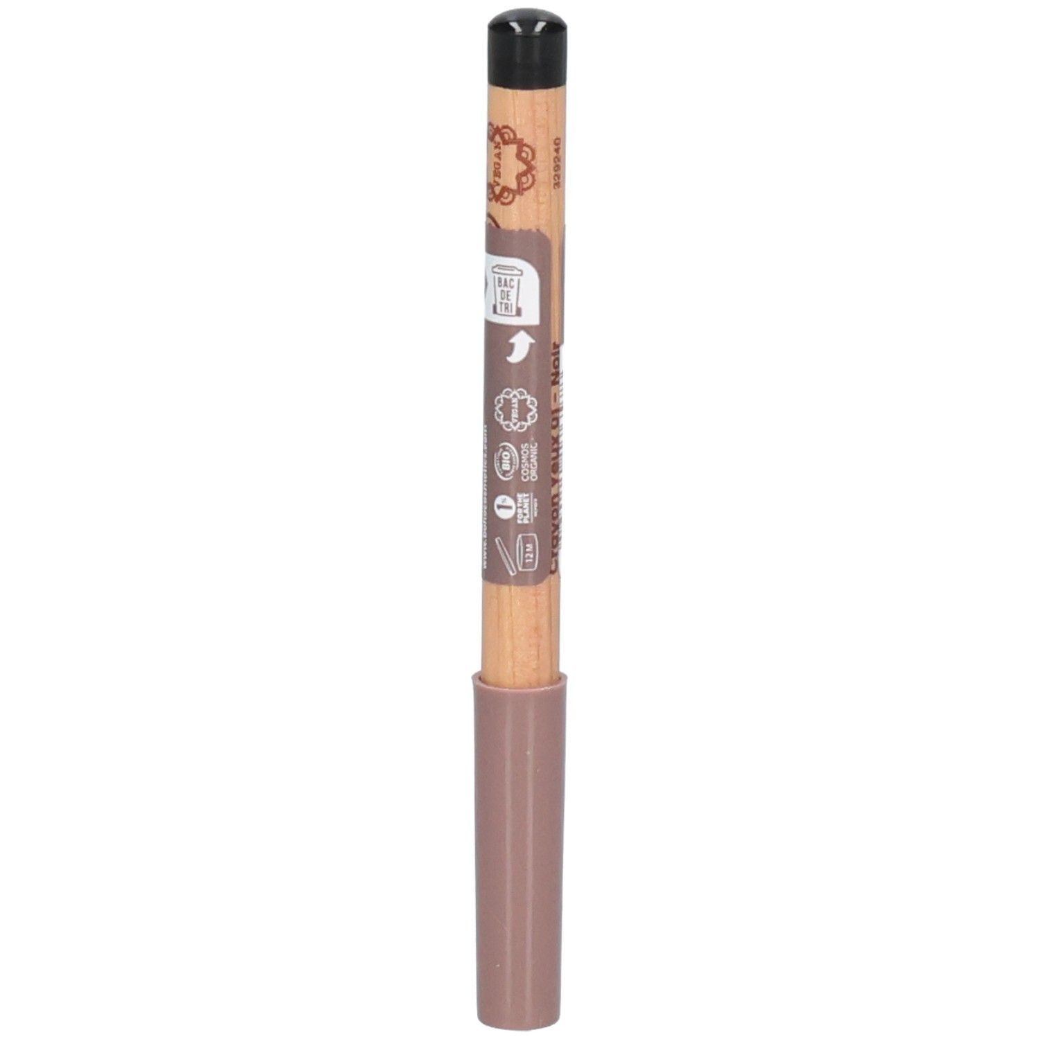 Crayon noir et marron. Partie inférieure rose. Inscriptions sur le corps du crayon.