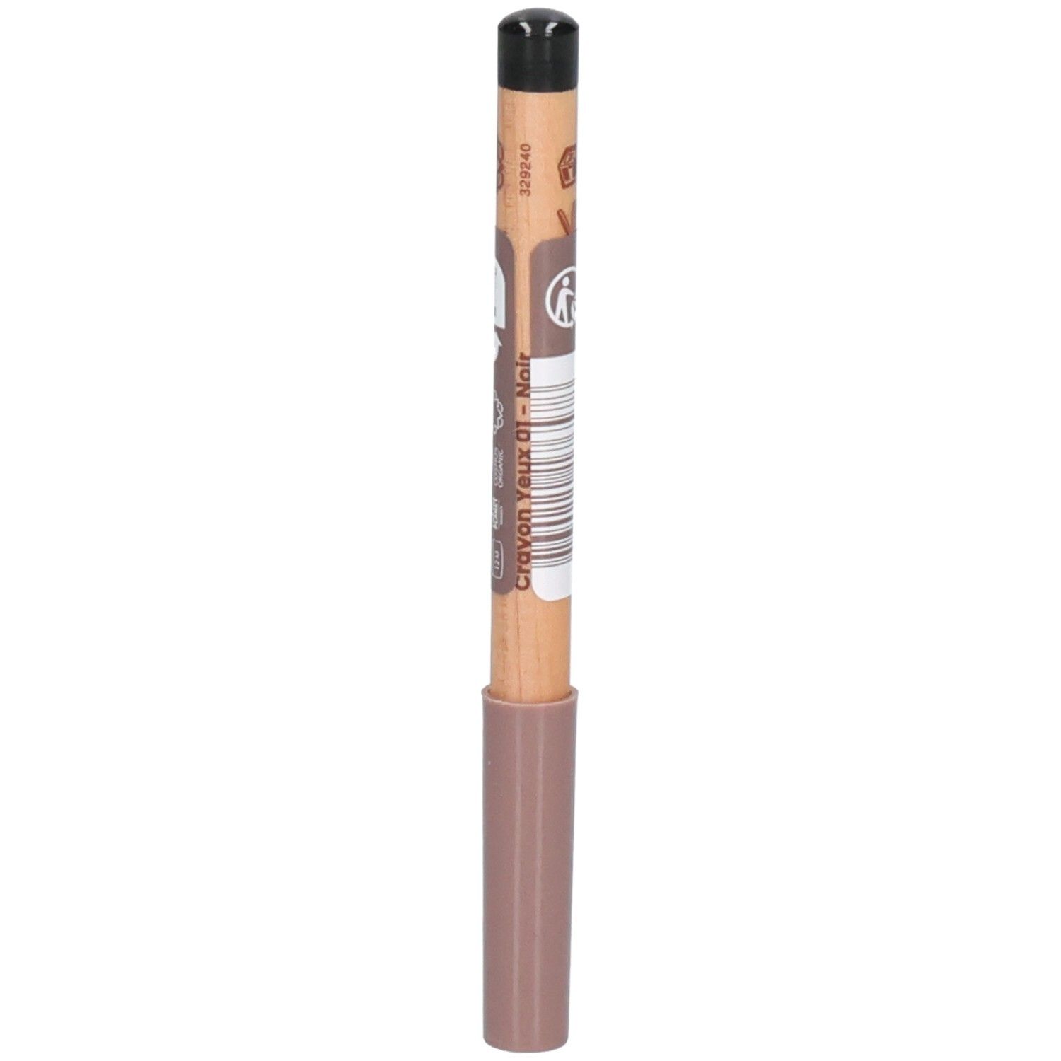 Crayon noir et marron. Partie inférieure rose. Inscription: Crayon Yeux 01 - Noir.