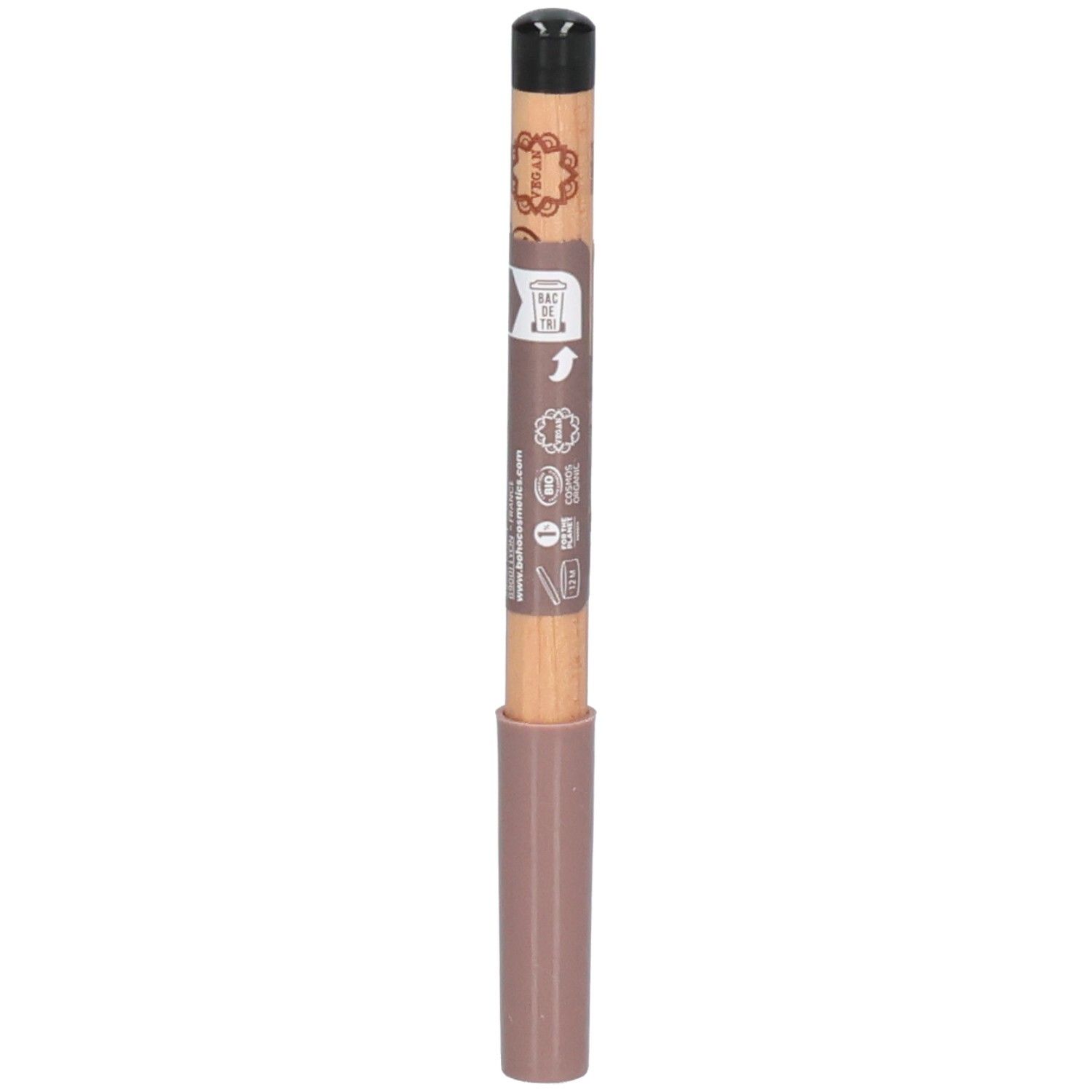 Crayon noir et marron. Partie inférieure rose. Inscriptions sur le corps du crayon.