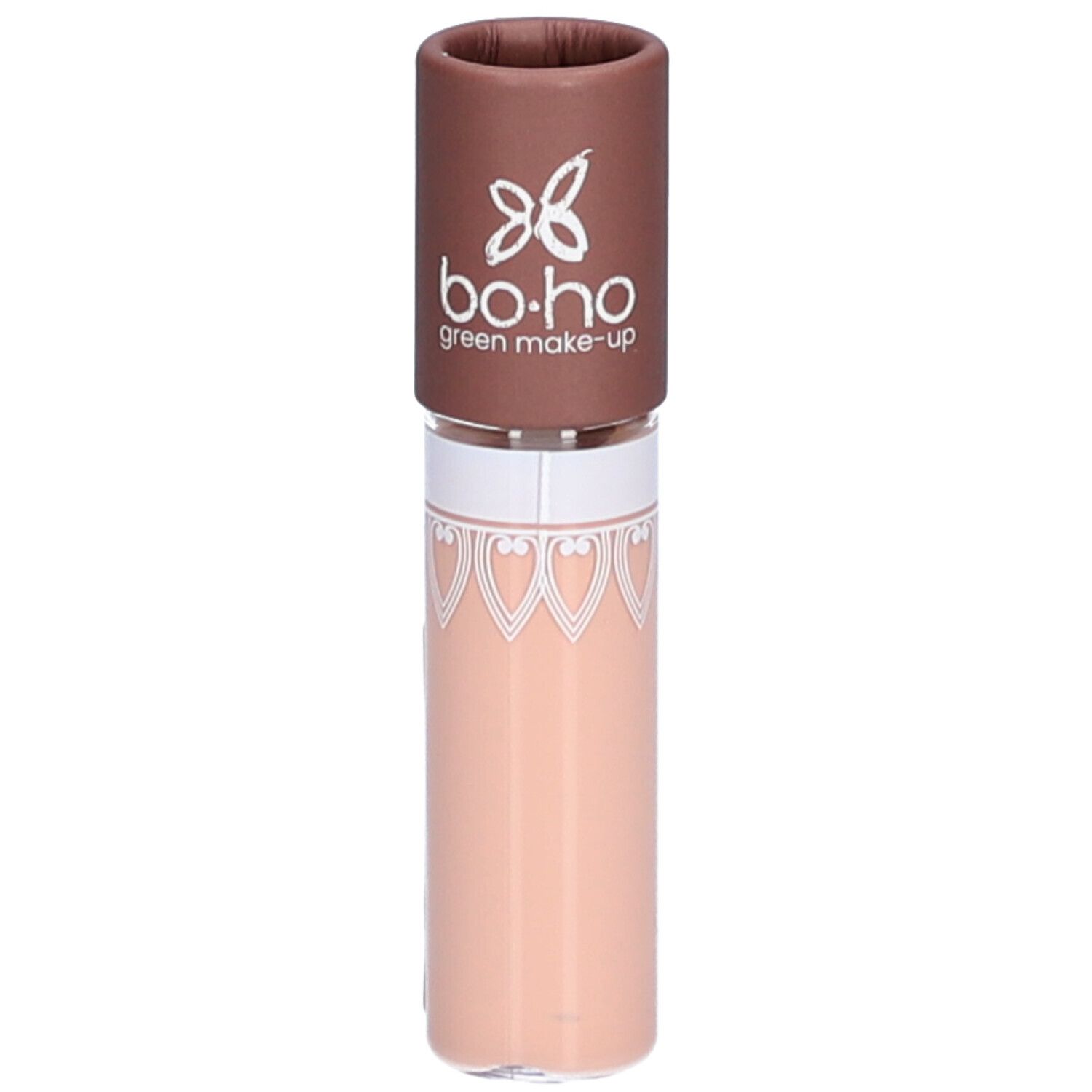 Beige Base Paupières in Tube. Brauner Deckel mit Logo. Transparenter Behälter mit beiger Flüssigkeit. Boho Green Make-up.