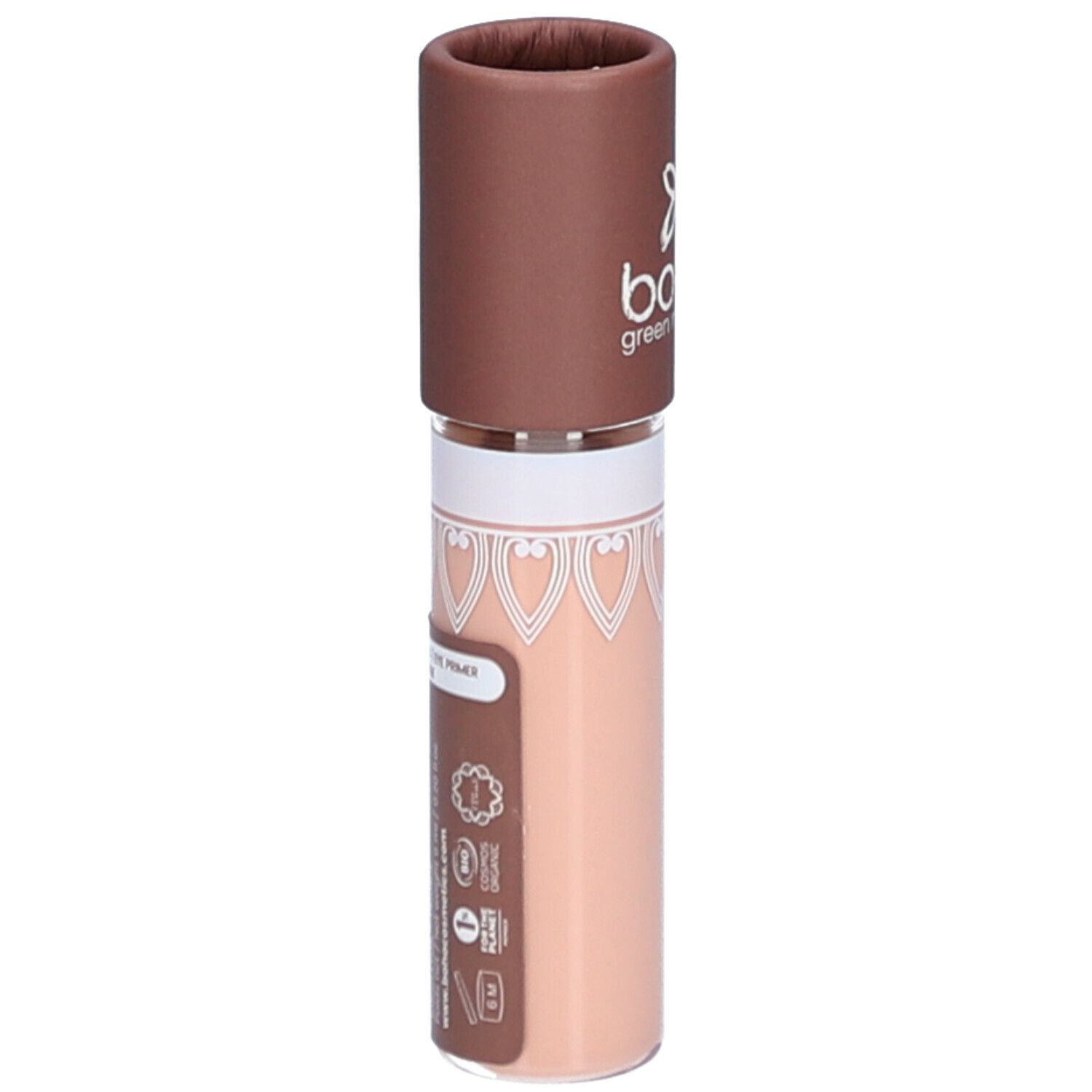 Base Paupières in Tube. Brauner Deckel. Beige Flüssigkeit. Aufkleber mit Produktinformationen. Boho Green Make-up.