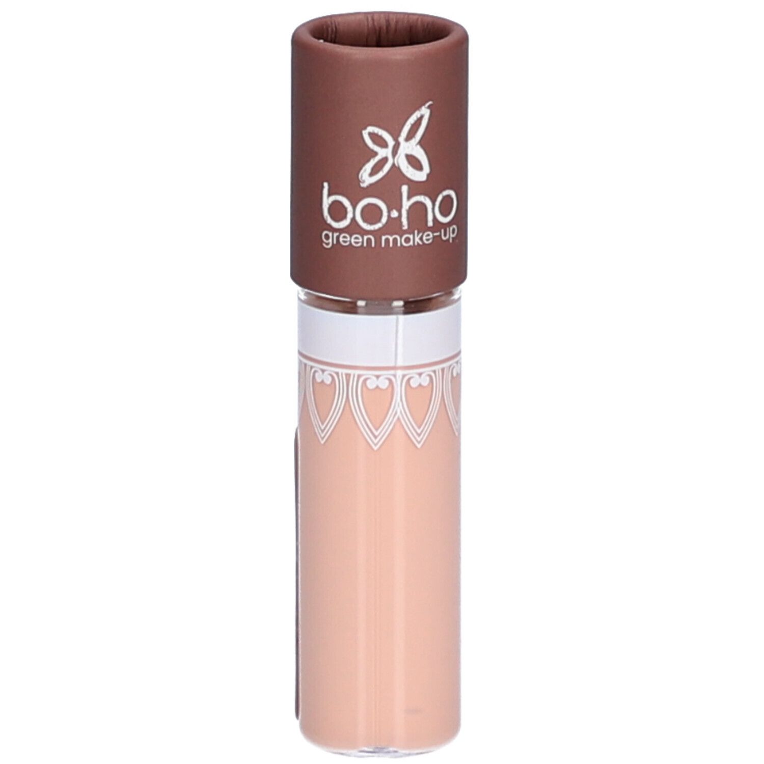 Beige Base Paupières in Tube. Brauner Deckel mit Logo. Transparenter Behälter mit beiger Flüssigkeit. Boho Green Make-up.