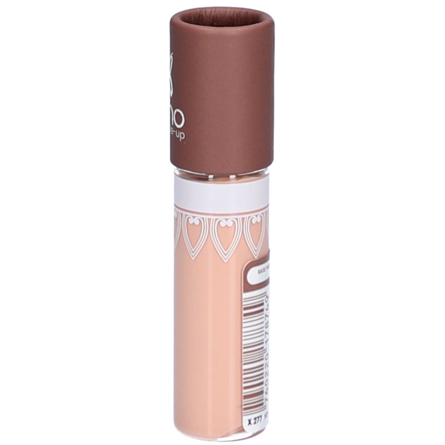 Base Paupières in Tube. Brauner Deckel. Beige Flüssigkeit. Produktetikett mit Barcode und Text. Boho Green Make-up.