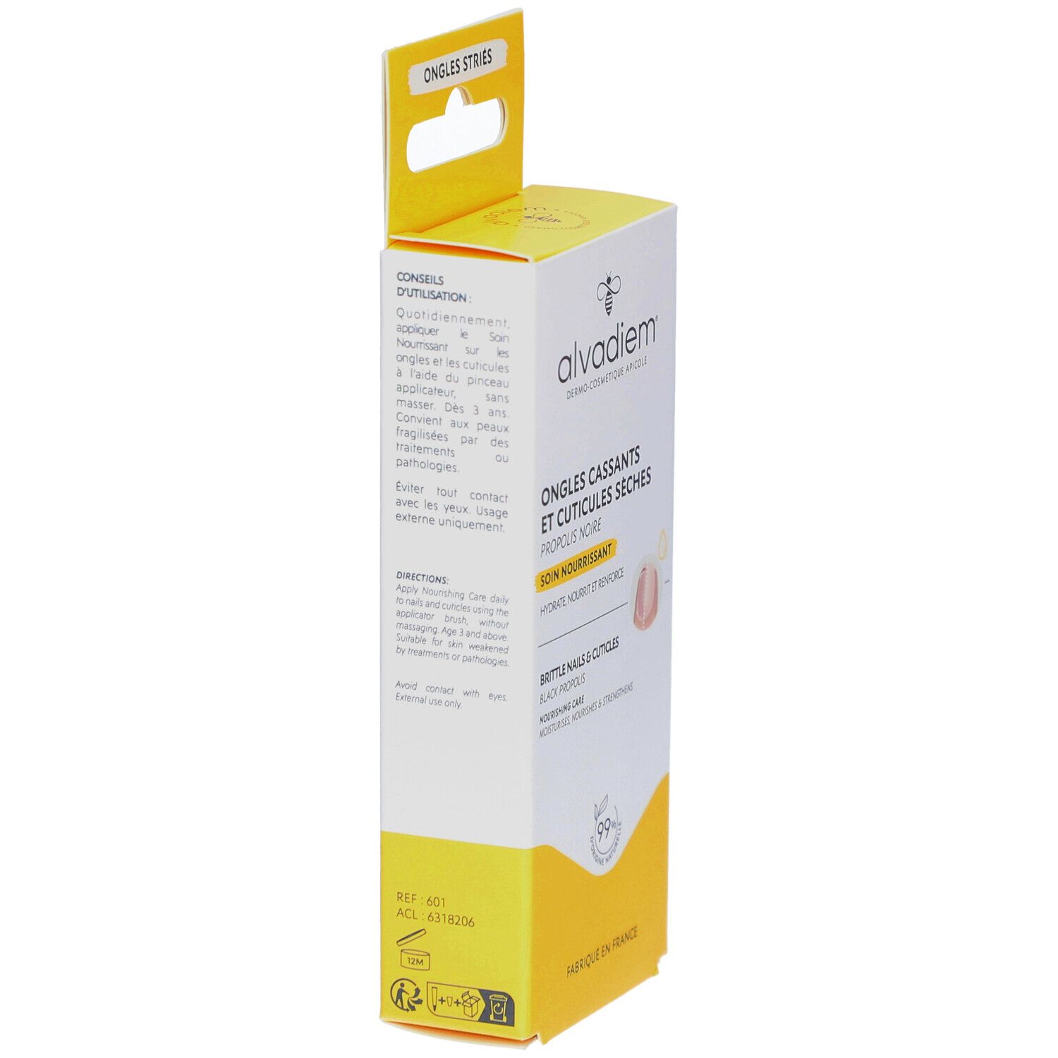 Schachtel, Rückseite. Text: ALVADIEM, Ongles cassants et cuticules sèches. Gebrauchsanweisung und Inhaltsstoffe.