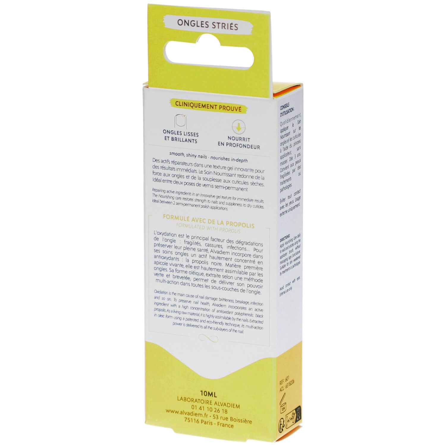 Schachtel, Rückseite. Text: ALVADIEM, Ongles cassants et cuticules sèches. Produktbeschreibung und Inhaltsstoffe.