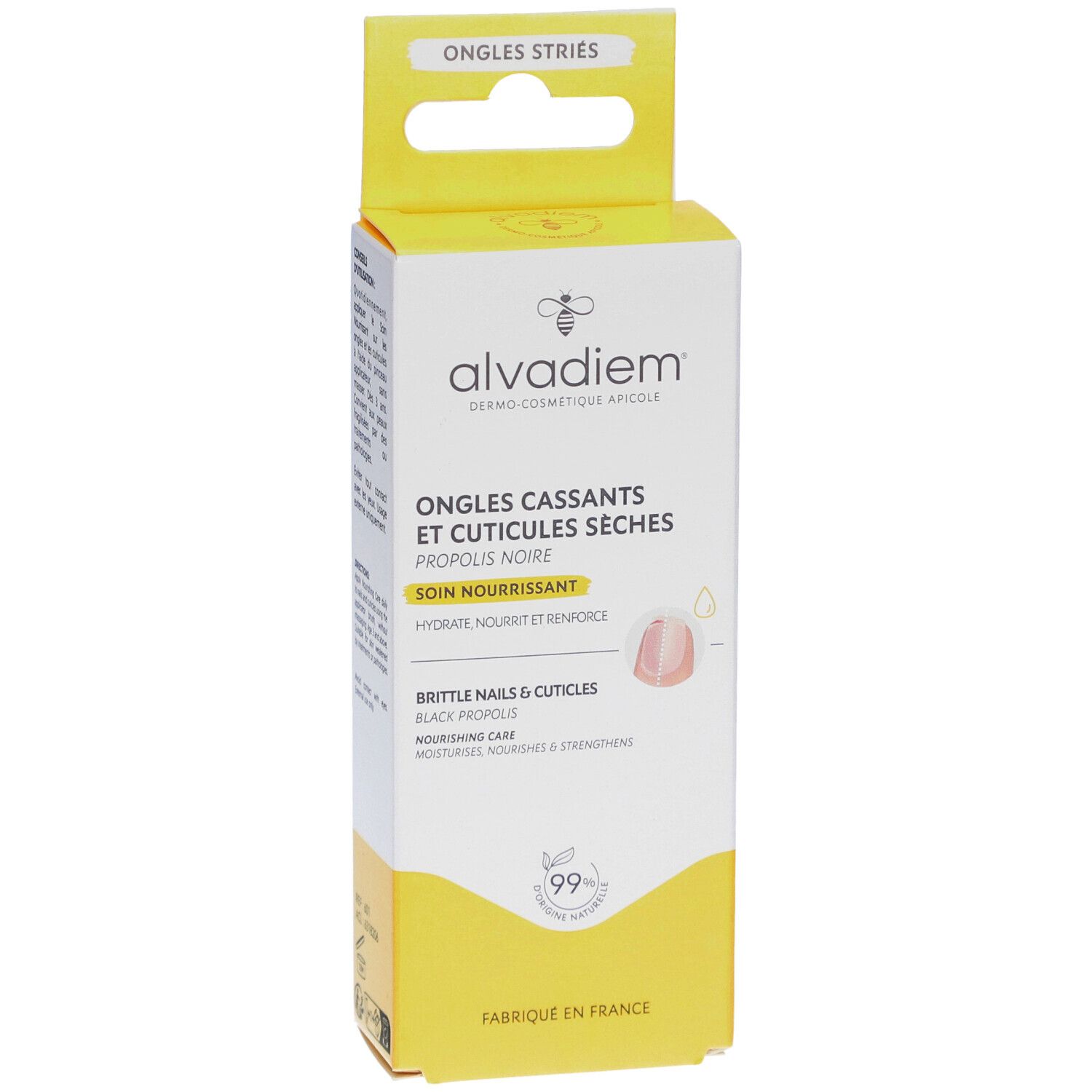 Weiß-gelbe Schachtel mit Produktinformationen. Text: ALVADIEM, Ongles cassants et cuticules sèches. Abbildung eines Nagels.