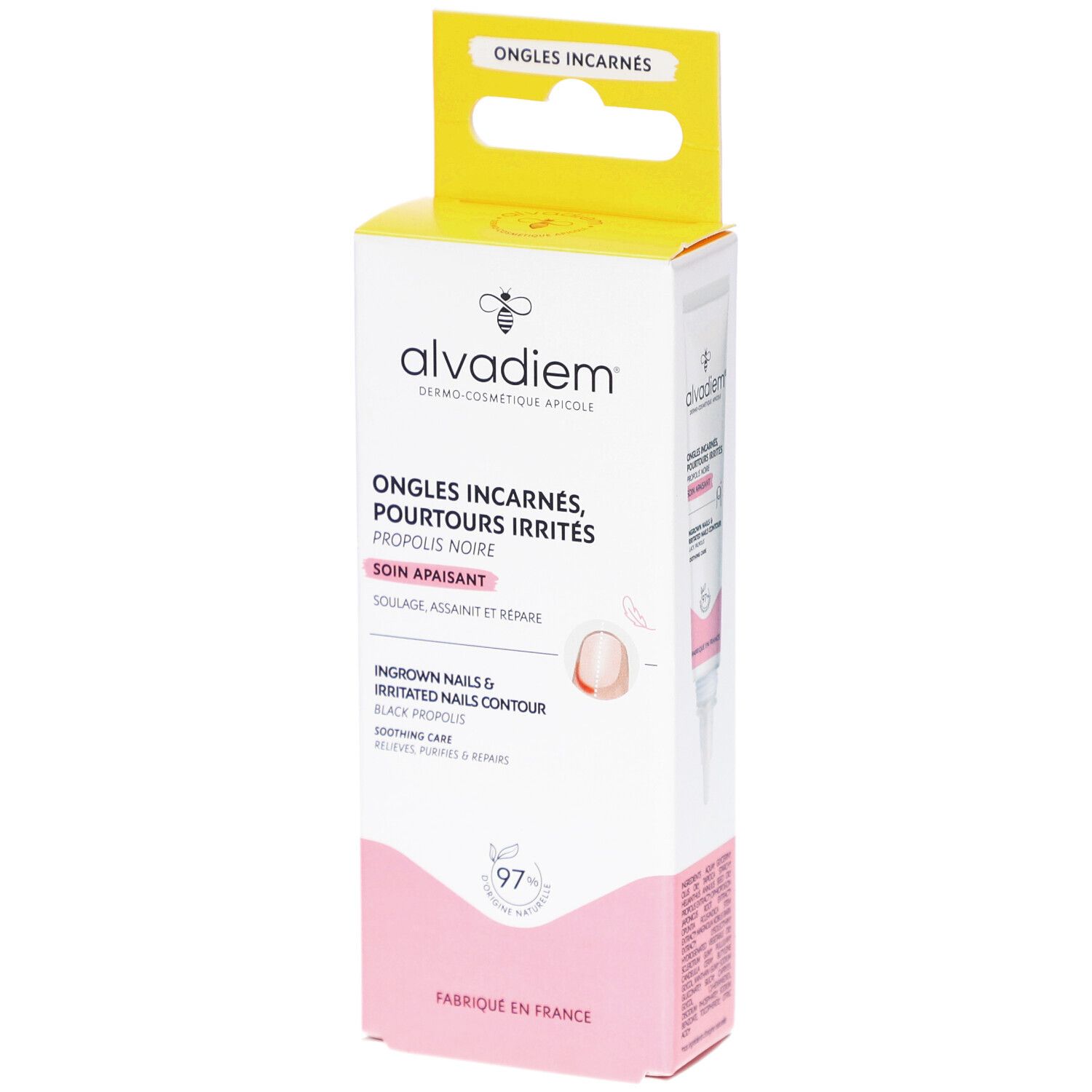 Verpackung von ALVADIEM. Weiß, rosa und gelb. Text: Ongles Incarnés, Pourtours Irrités, Propolis Noire, Soin Apaisant. Produktabbildung.