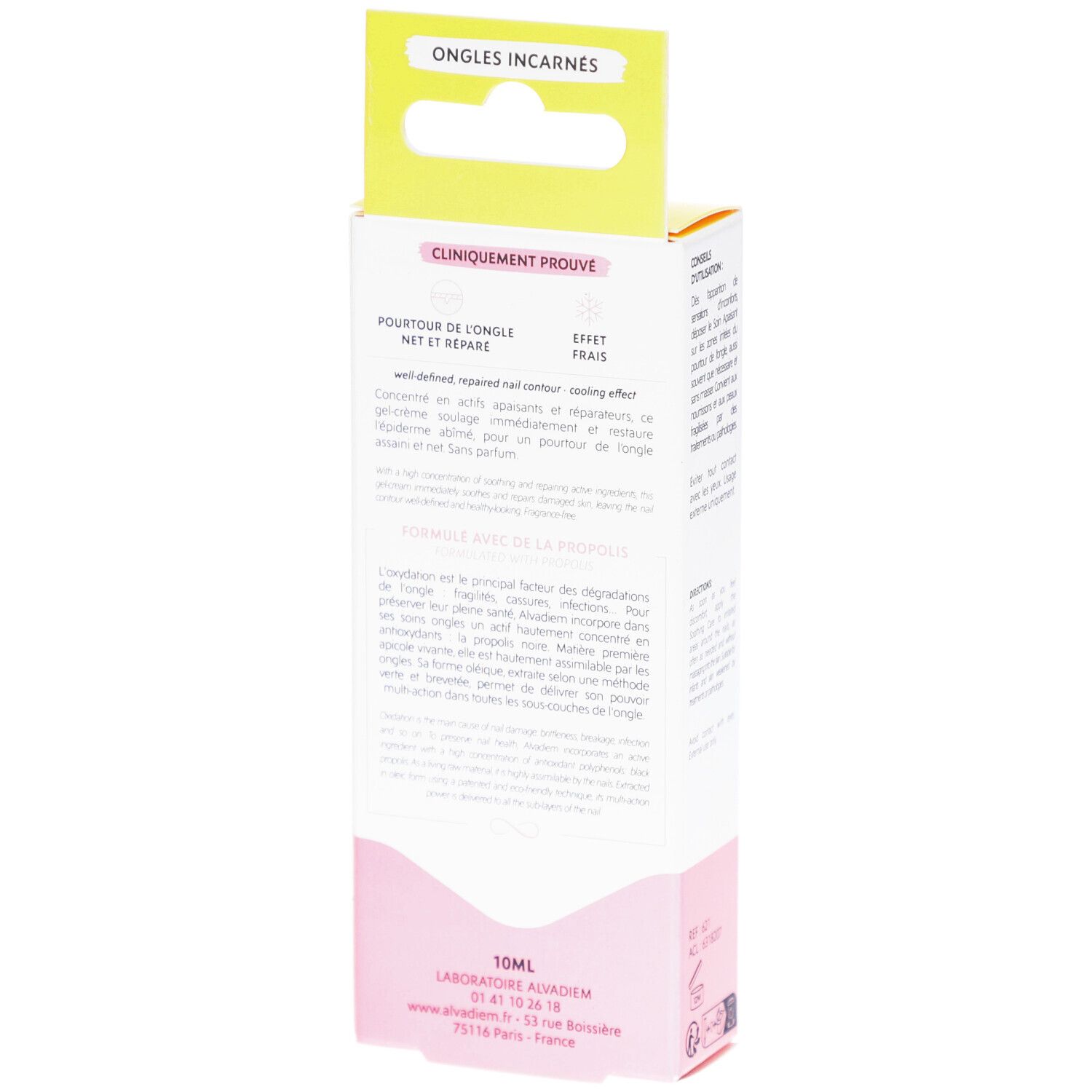 Rückseite der ALVADIEM-Verpackung. Weiß und rosa. Text: Cliniquement Prouvé, Pourtour de l'ongle, Net et Réparé. 10ml.