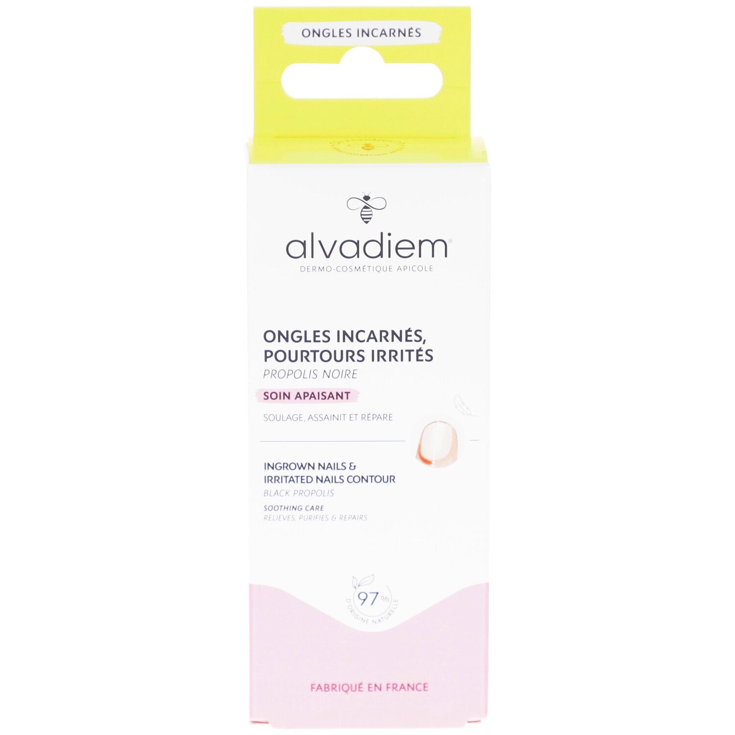 ALVADIEM-Verpackung. Weiß, rosa und gelb. Text: Ongles Incarnés, Pourtours Irrités, Propolis Noire, Soin Apaisant. Produktabbildung.