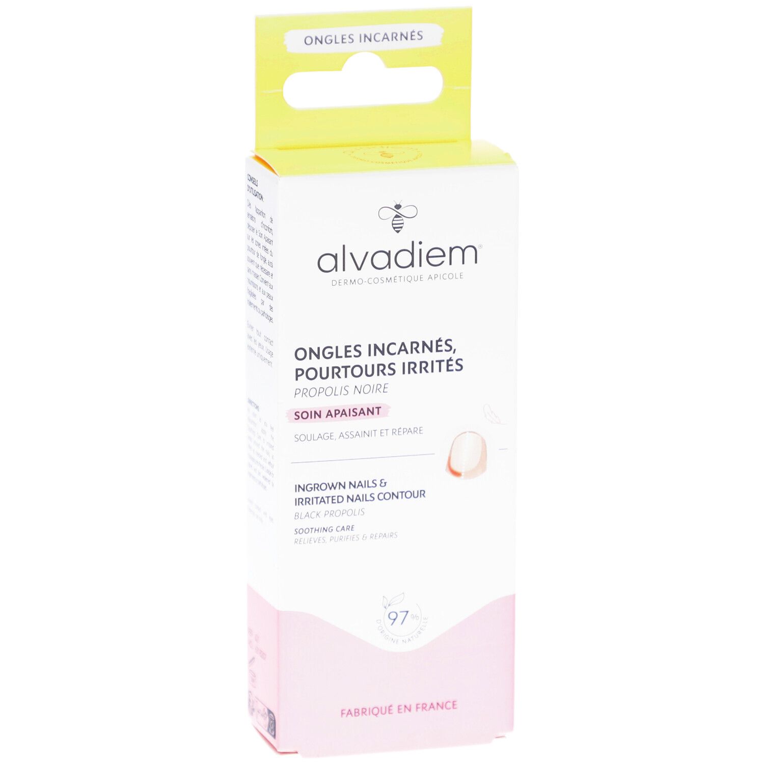 ALVADIEM-Verpackung. Weiß, rosa und gelb. Text: Ongles Incarnés, Pourtours Irrités, Propolis Noire, Soin Apaisant. Produktabbildung.