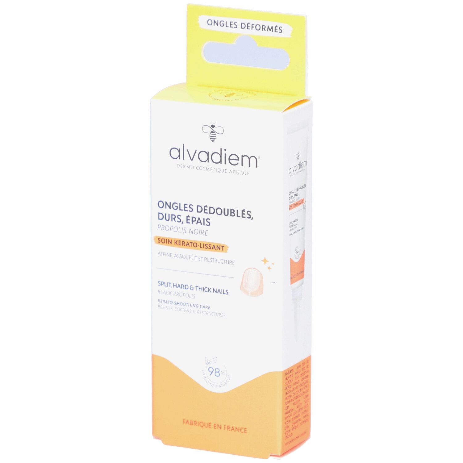 ALVADIEM-Verpackung. Weiß-gelbe Schachtel mit Produktinformationen und dem Logo. Text: Ongles Déboulés, Durs, Épais. Slogan: Soin Kérato-Lissant.