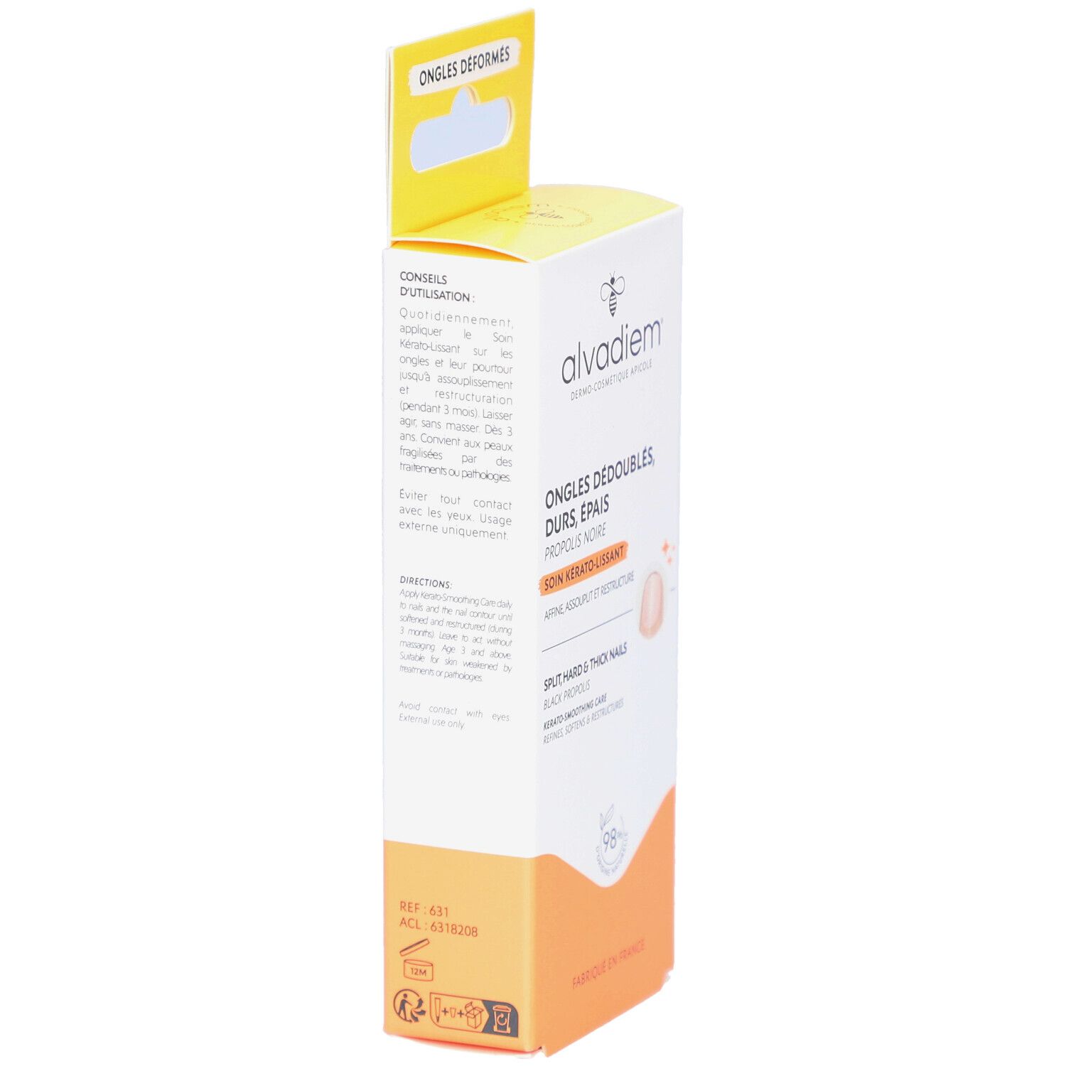 ALVADIEM-Verpackung, Seitenansicht. Weiß-gelbe Schachtel mit Text und Logo. Enthält Informationen zur Anwendung und Inhaltsstoffe.