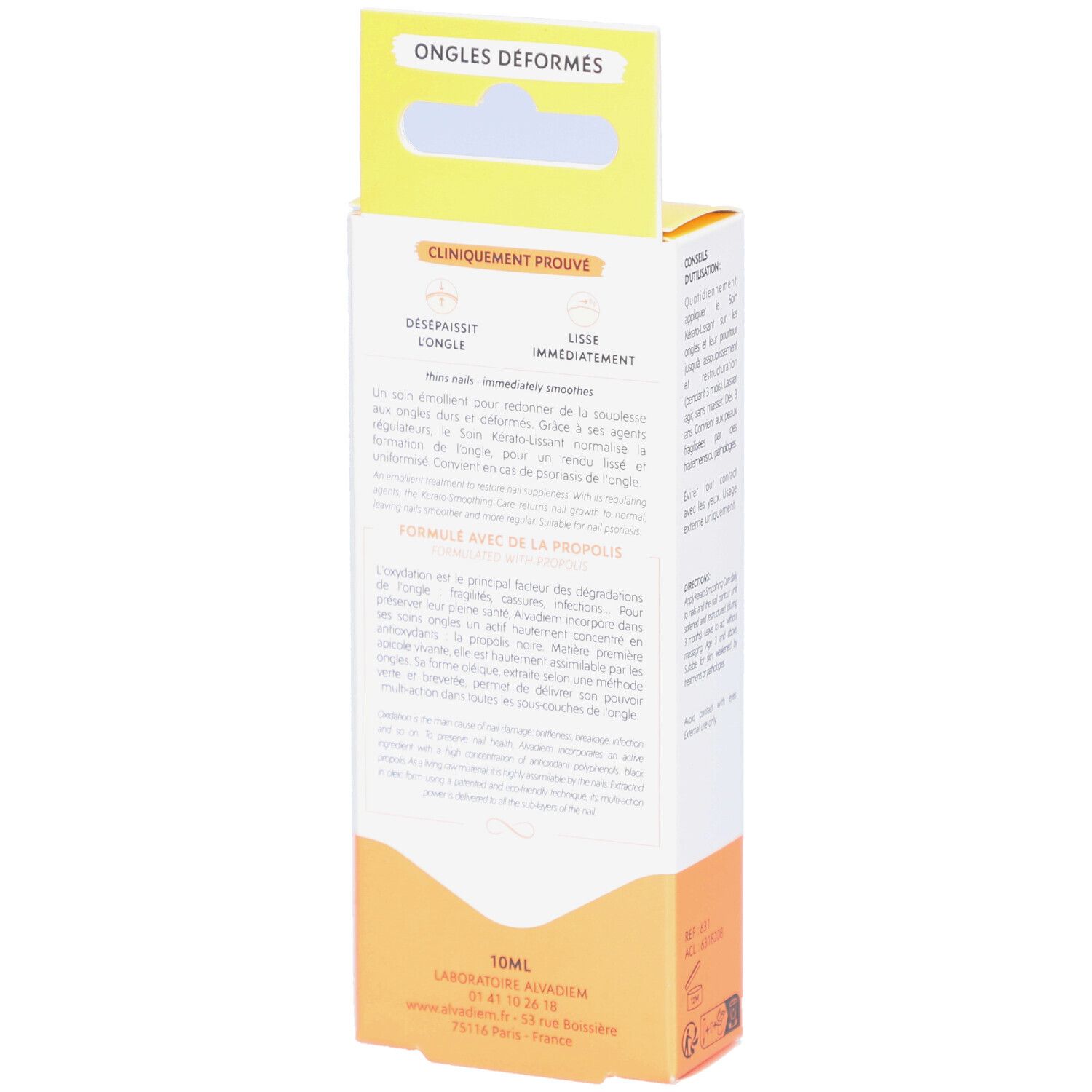 ALVADIEM-Verpackung, Rückseite. Weiß-gelbe Schachtel mit Text und Logo. Enthält Informationen zur Anwendung und Inhaltsstoffe.