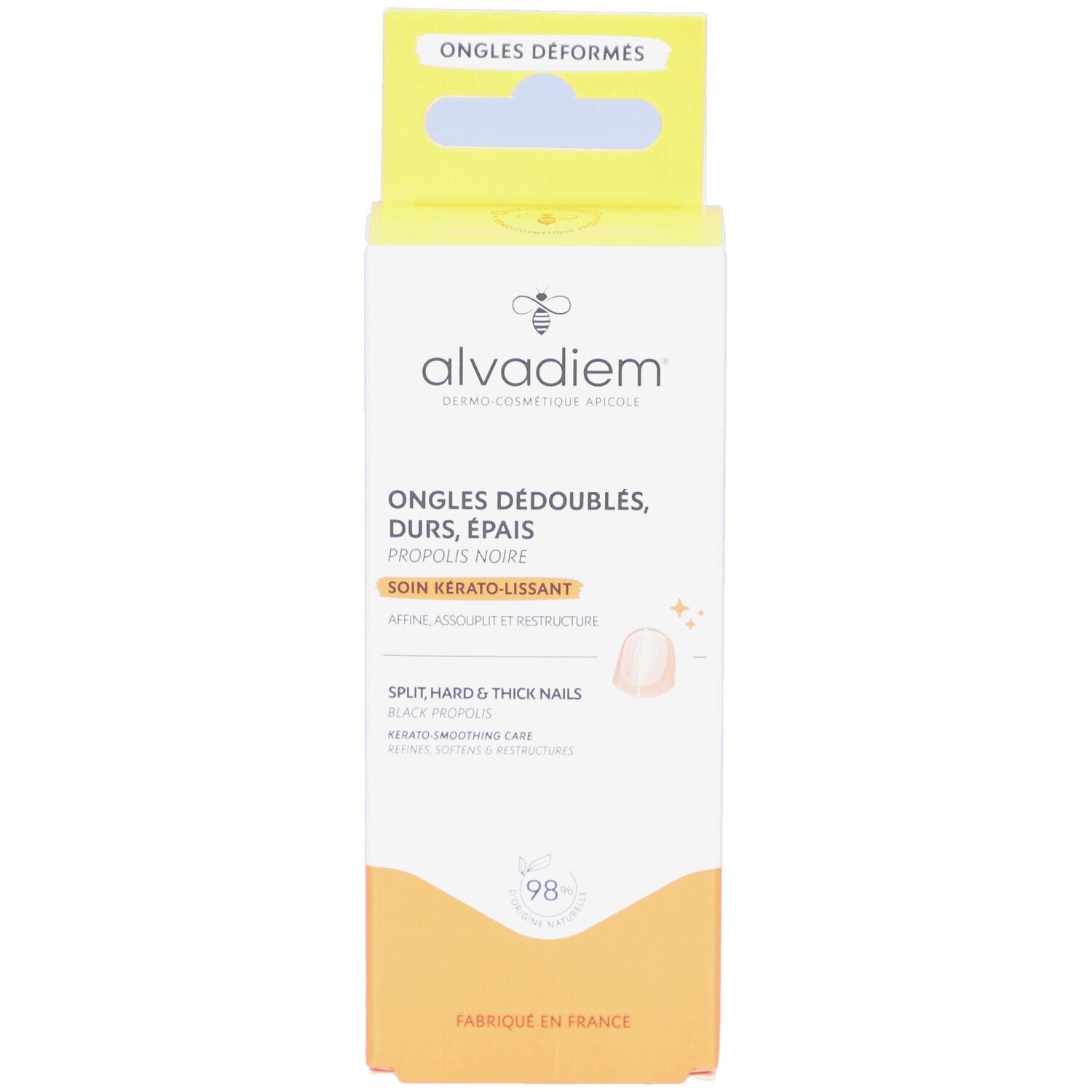 ALVADIEM-Verpackung. Weiß-gelbe Schachtel mit Produktinformationen und dem Logo. Text: Ongles Déboulés, Durs, Épais. Slogan: Soin Kérato-Lissant.