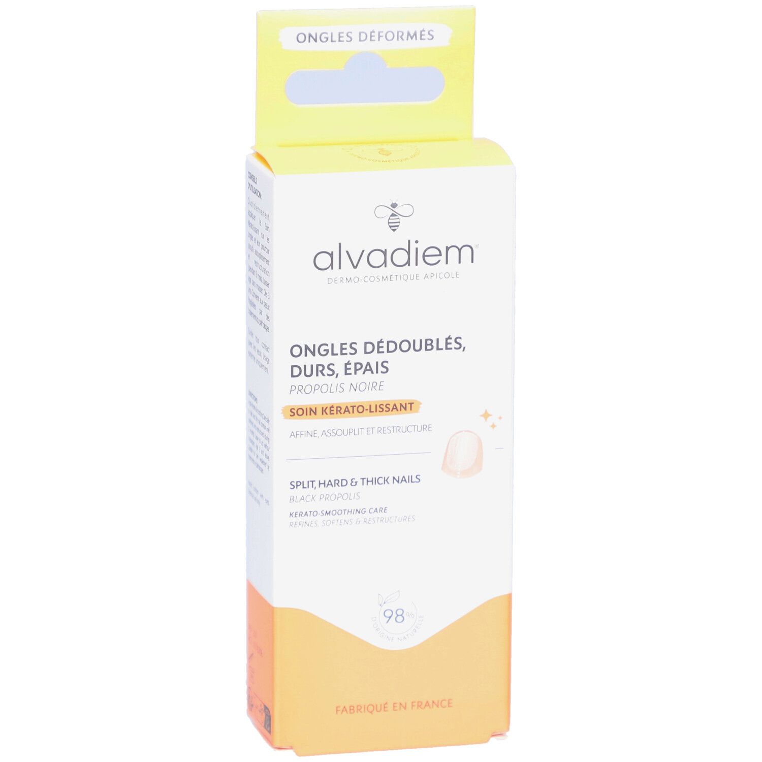 ALVADIEM-Verpackung. Weiß-gelbe Schachtel mit Produktinformationen und dem Logo. Text: Ongles Déboulés, Durs, Épais. Slogan: Soin Kérato-Lissant.