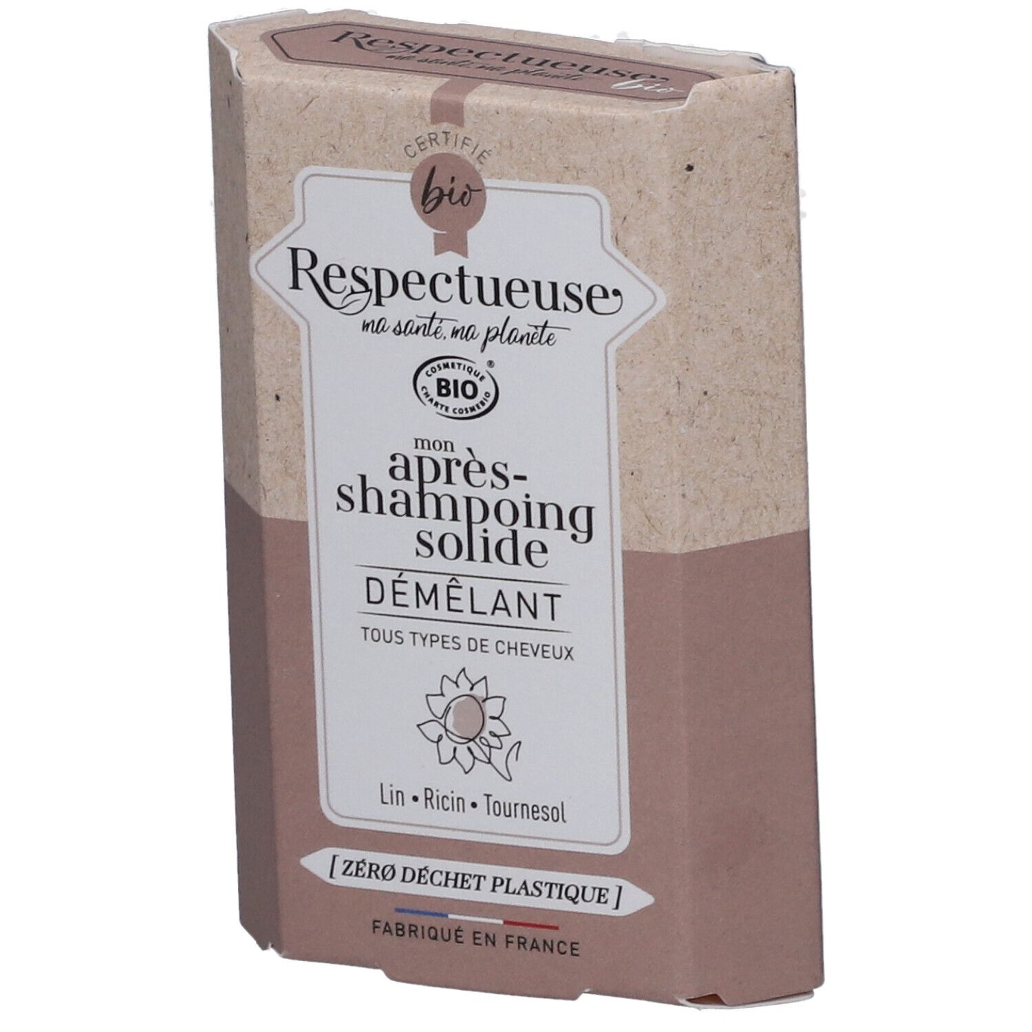 Emballage en carton avec nom et logo du produit. Inscription : Après-shampooing solide Démêlant. Certifié Bio.