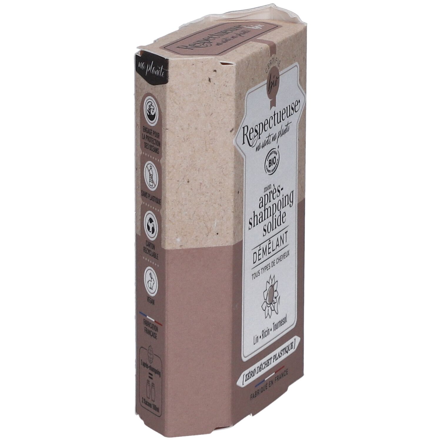 Emballage en carton, nom et logo du produit. Inscription : Après-shampooing solide Démêlant. Certifié Bio. Vue de côté.