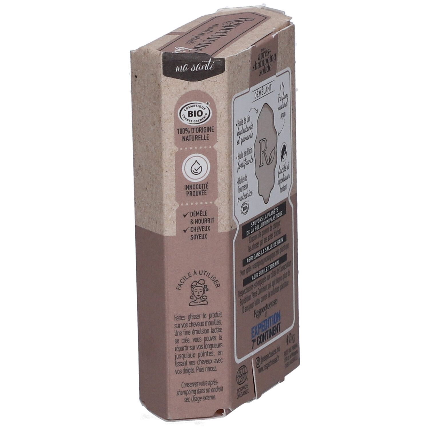 Emballage en carton avec informations sur le produit. Inscription : Après-shampooing solide Démêlant. Certifié Bio. Instructions d'utilisation.