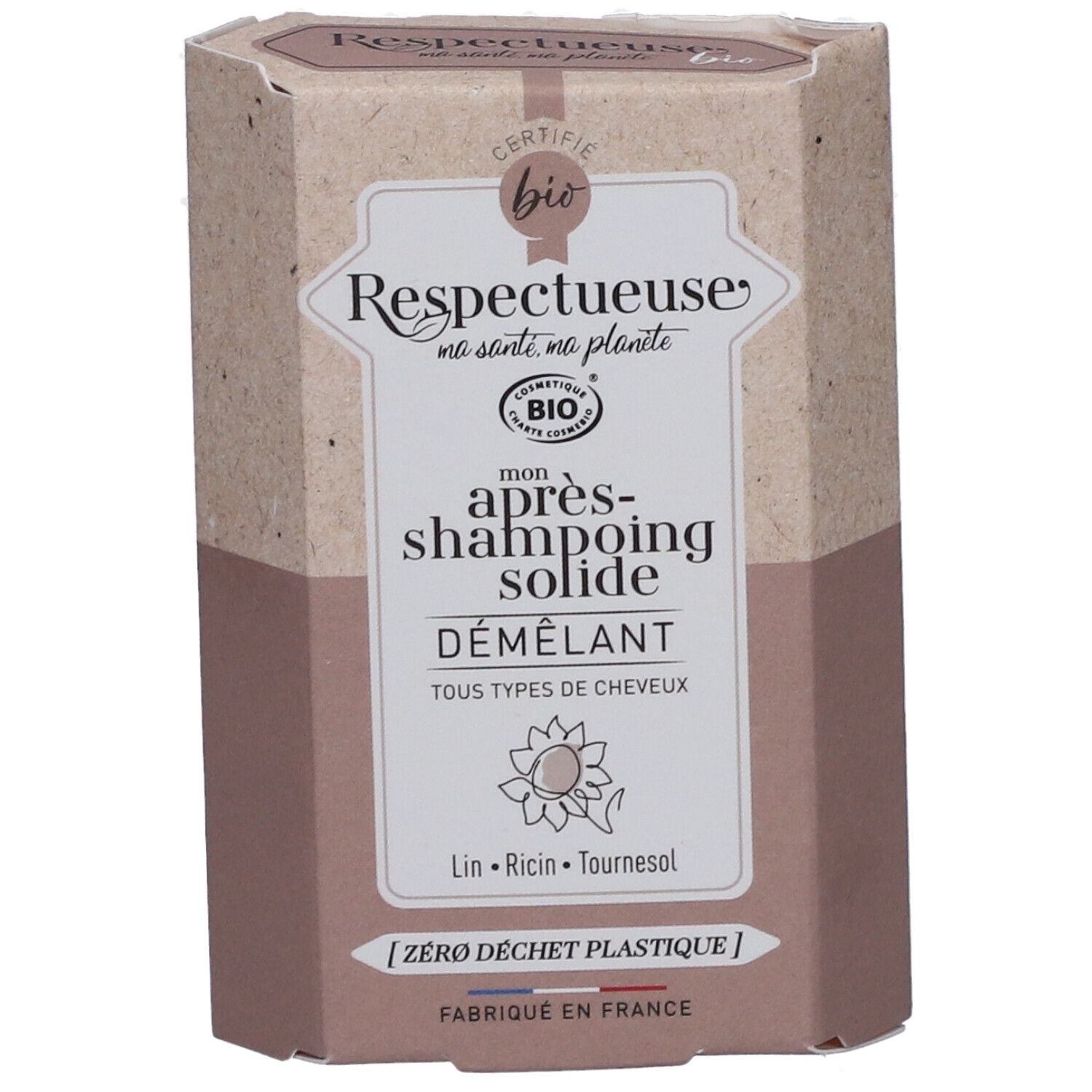 Emballage en carton avec nom et logo du produit. Inscription : Après-shampooing solide Démêlant. Certifié Bio.
