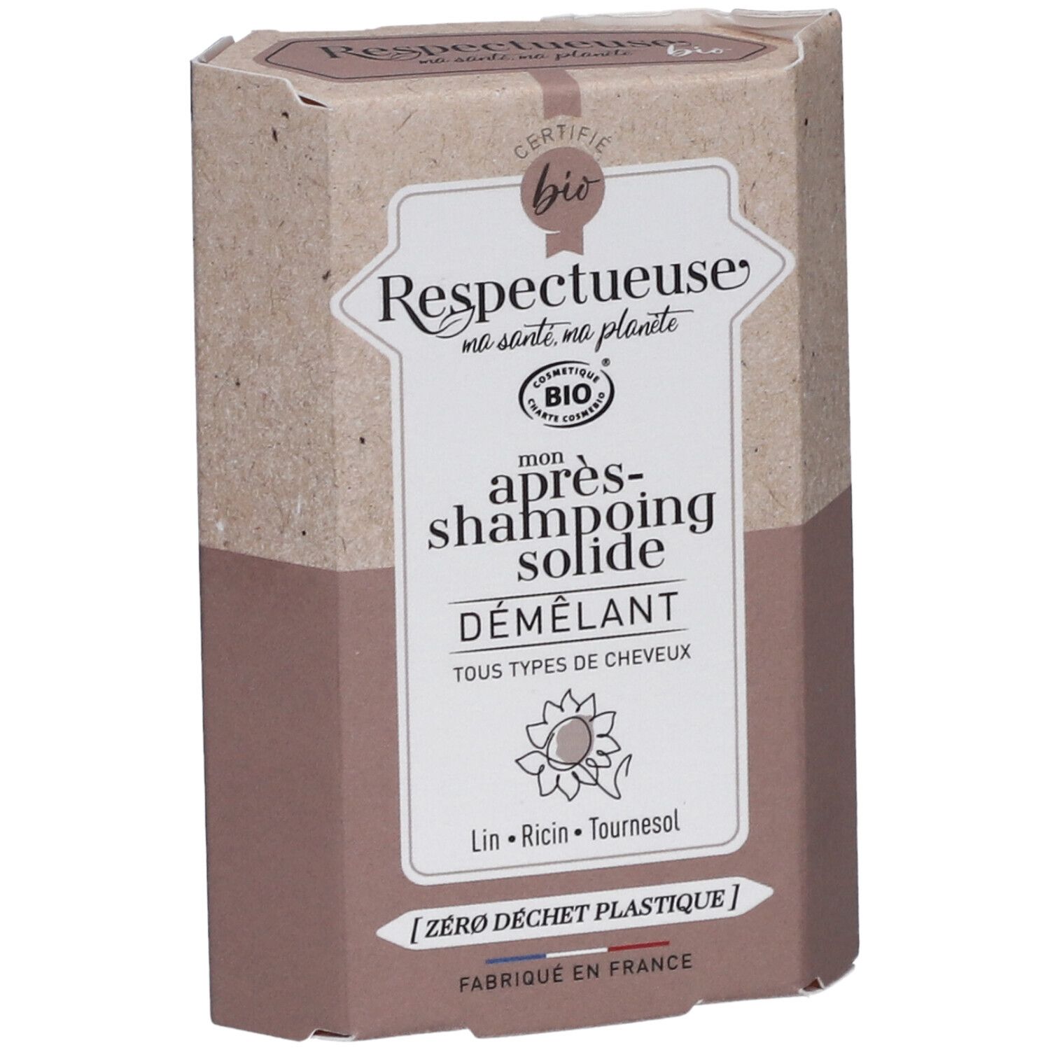 Emballage en carton avec nom et logo du produit. Inscription : Après-shampooing solide Démêlant. Certifié Bio.