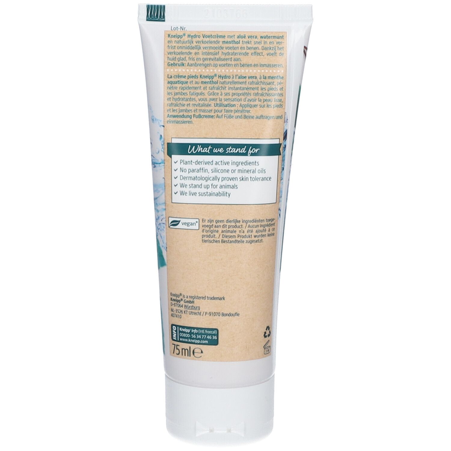 Rückseite der Creme-Tube. Text: Inhaltsstoffe, Anwendungshinweise, vegan-Logo, 75ml.