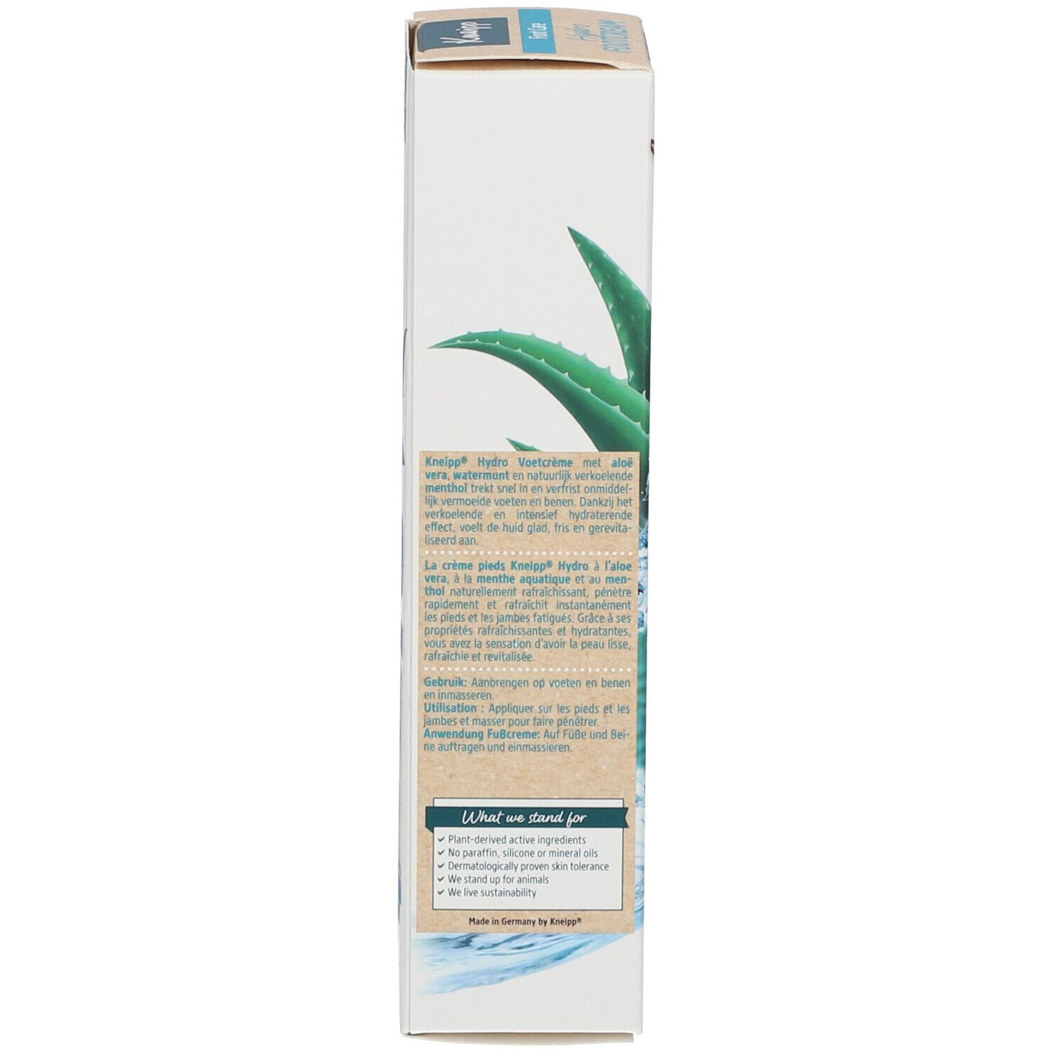 Seitenansicht der Produktverpackung. Text: Kneipp, Inhaltsstoffe, vegan-Logo, 75ml.