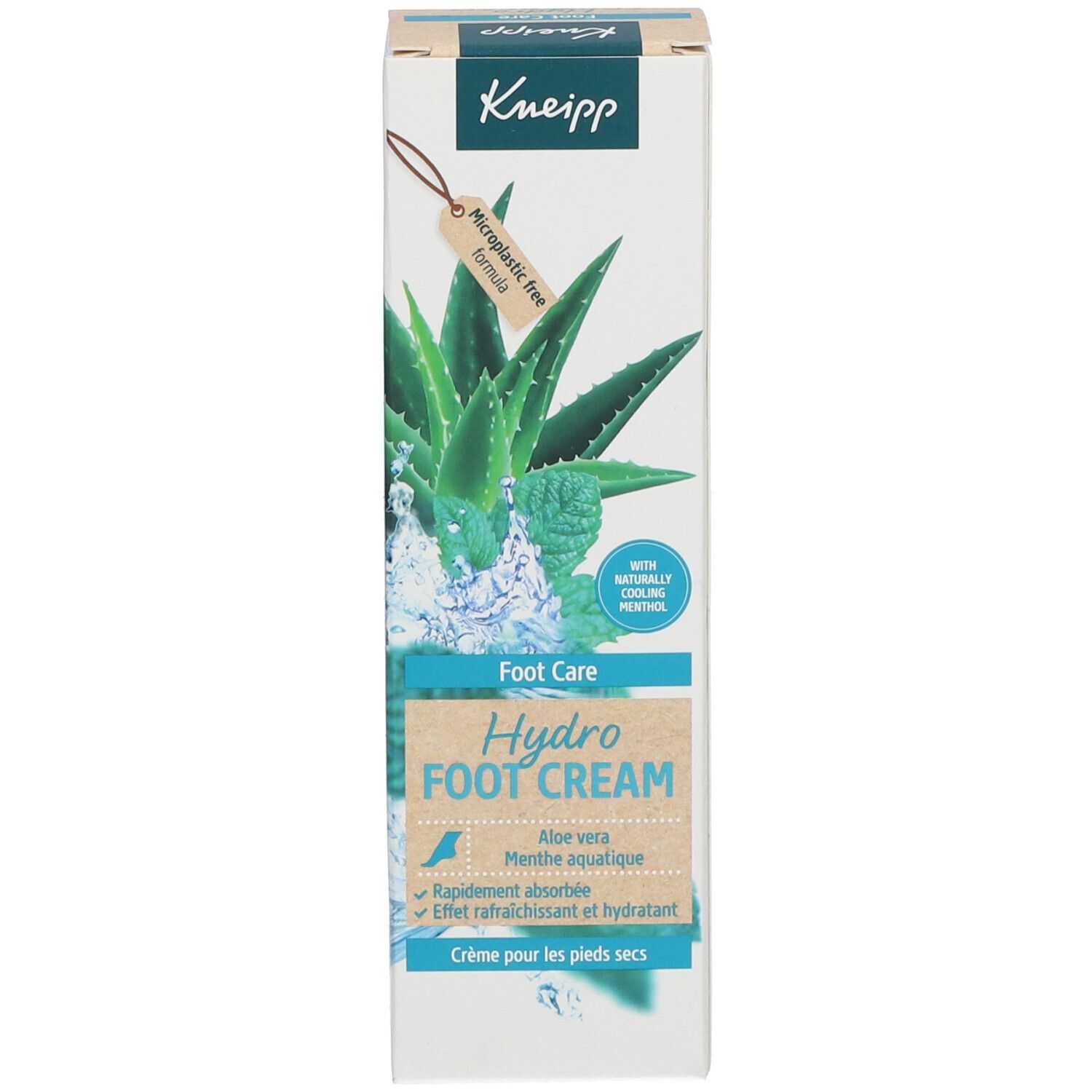 Produktverpackung. Text: Kneipp, Hydro Foot Cream, Aloe vera, Menthe aquatique, Microplastic free formula, mit natürlich kühlendem Menthol.