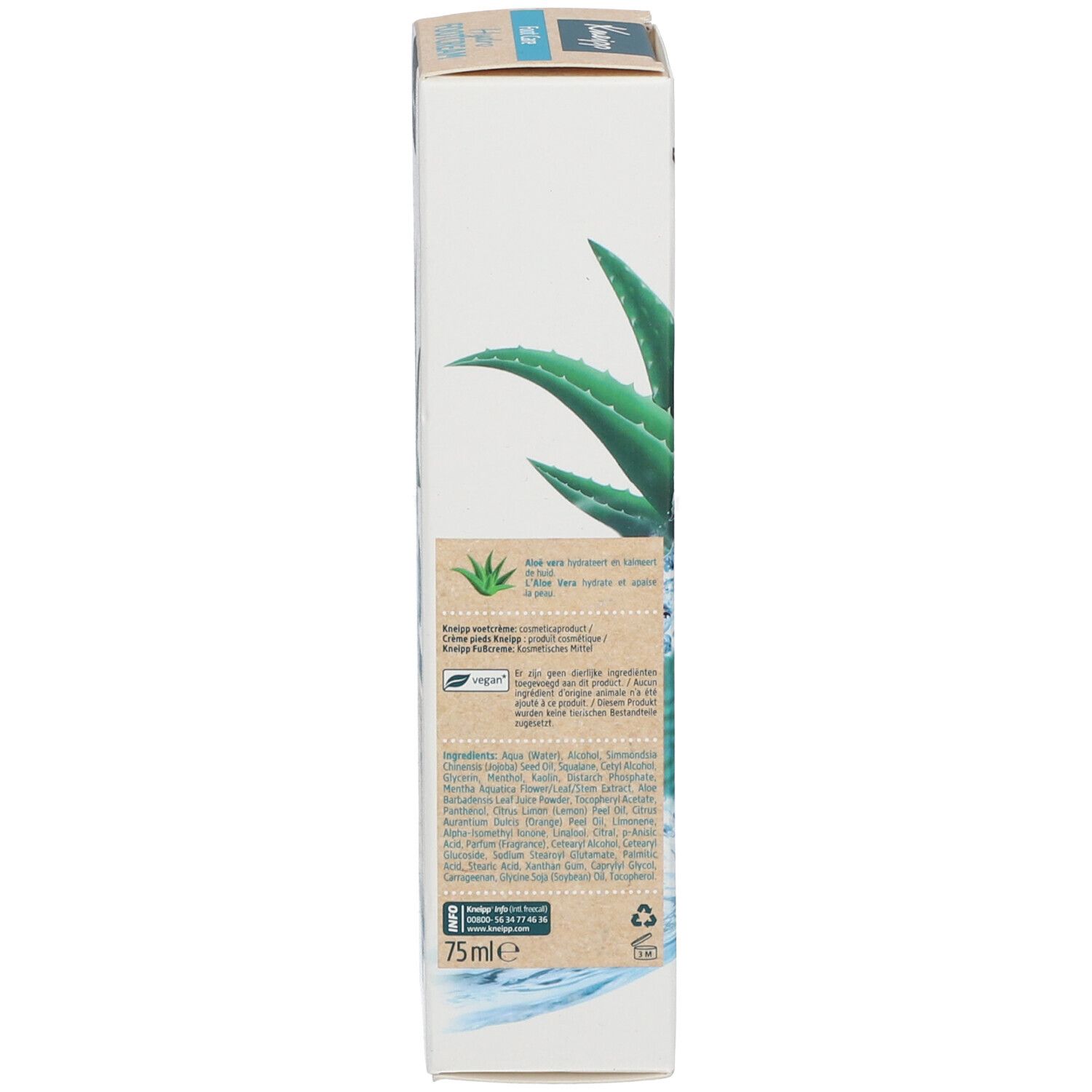 Seitenansicht der Produktverpackung. Text: Kneipp, Inhaltsstoffe, vegan-Logo, 75ml.