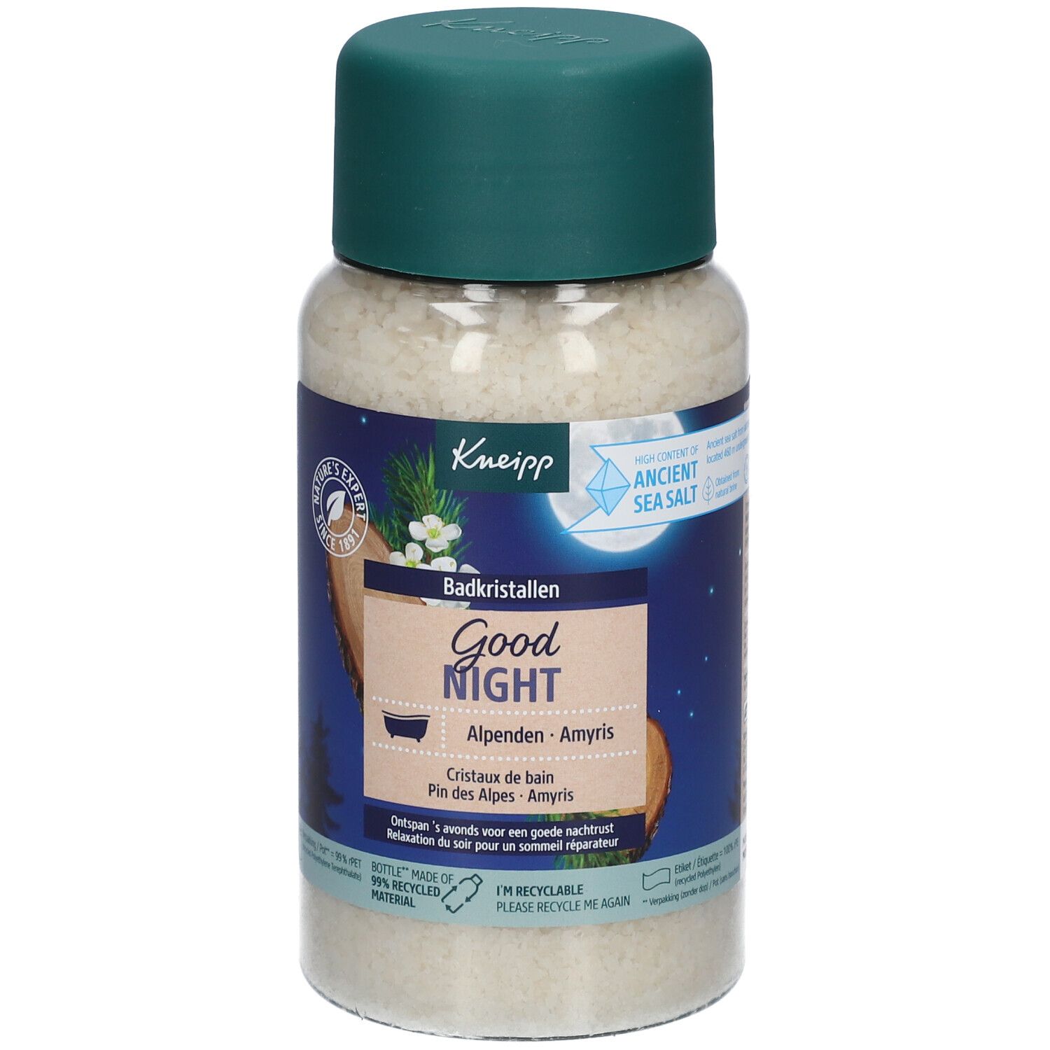 Flacon de sels de bain Good Night. Bouchon vert, flacon transparent. Inscriptions: Good Night, cristaux de bain, Alpen. Logo Kneipp.