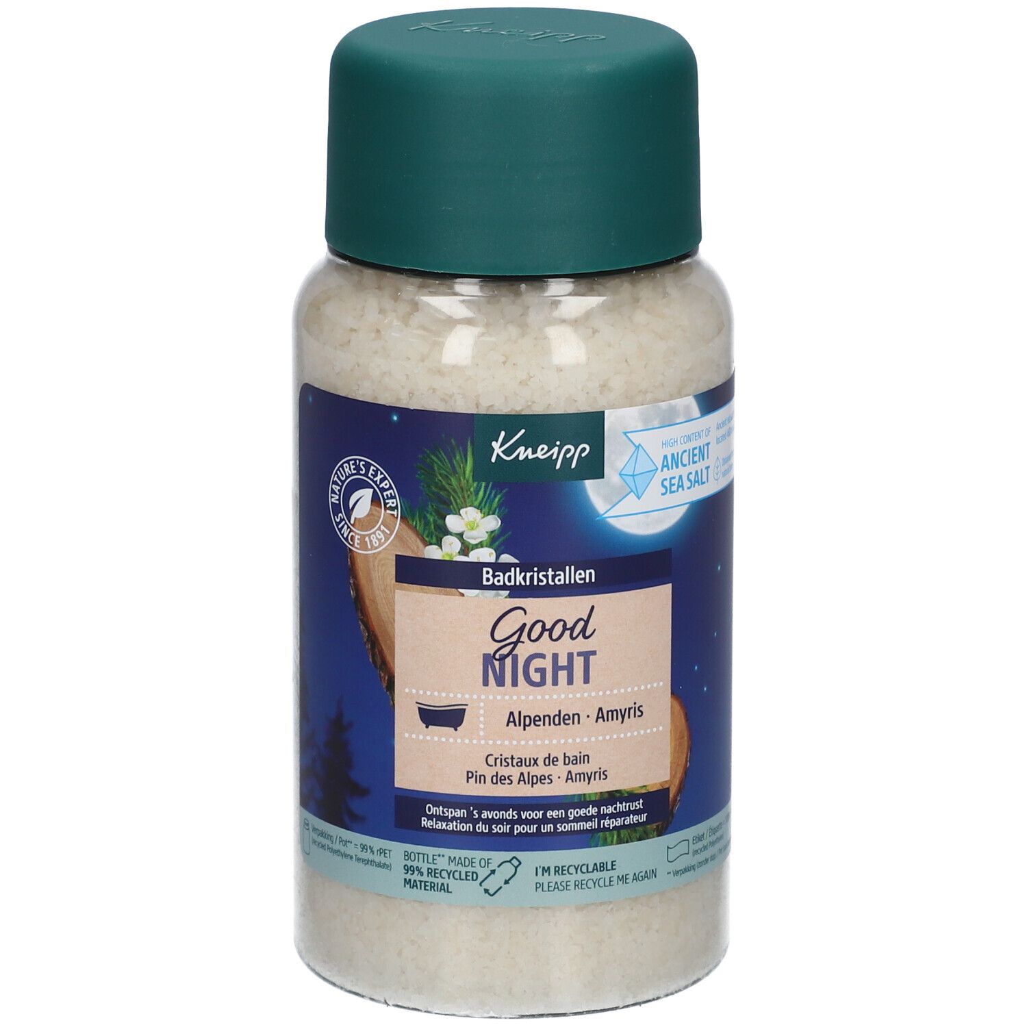 Flacon de sels de bain. Bouchon vert, flacon transparent. Inscriptions: Good Night, cristaux de bain, Alpen. Logo Kneipp.