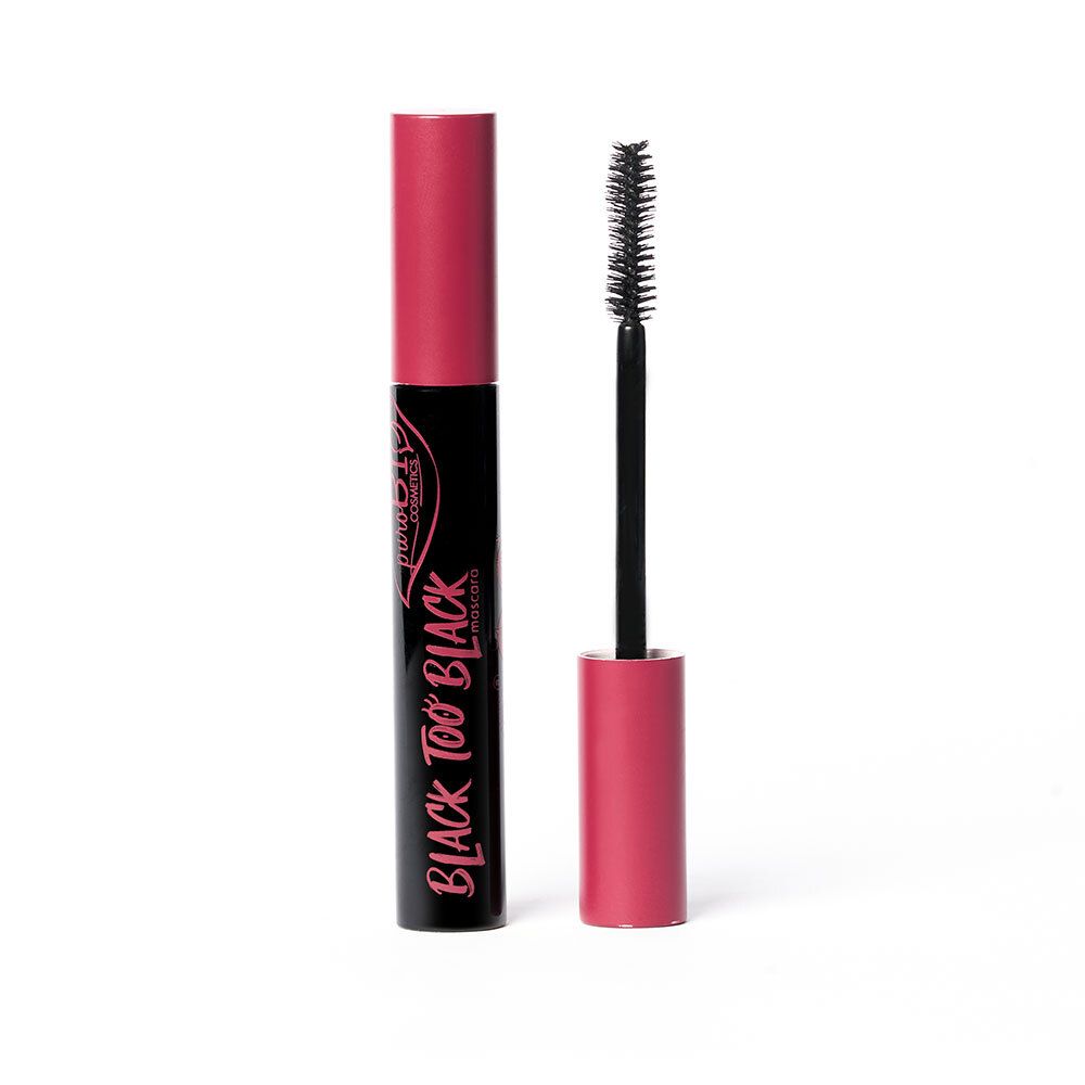 Schwarze Mascara mit pinkfarbenem Deckel und Bürste. Produktname: Black Too Black. Marke: PUROBIO Cosmetics.