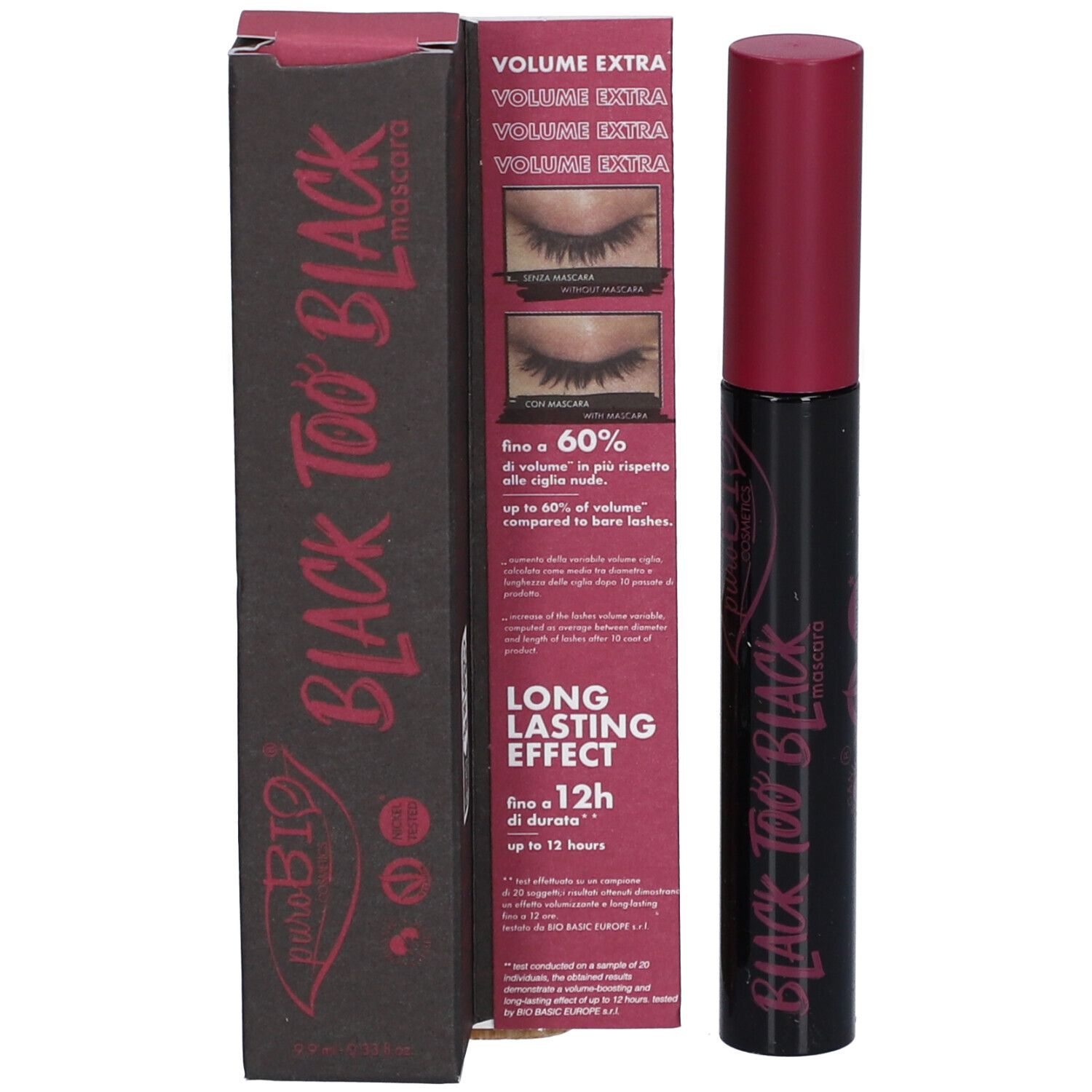 Mascara und Verpackung. Schwarze Mascara mit pinkfarbenem Deckel. Verpackung: Black Too Black.