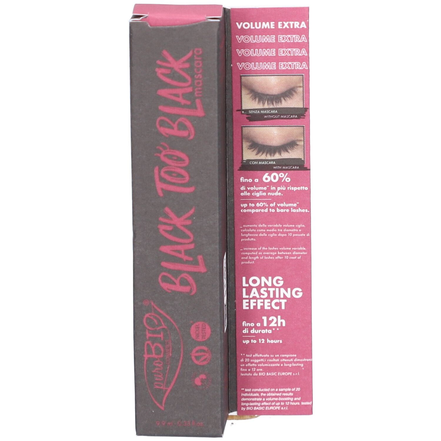 Verpackung. Text: Black Too Black Mascara, Volumen, Long Lasting Effect. Bilder: Vorher/Nachher.