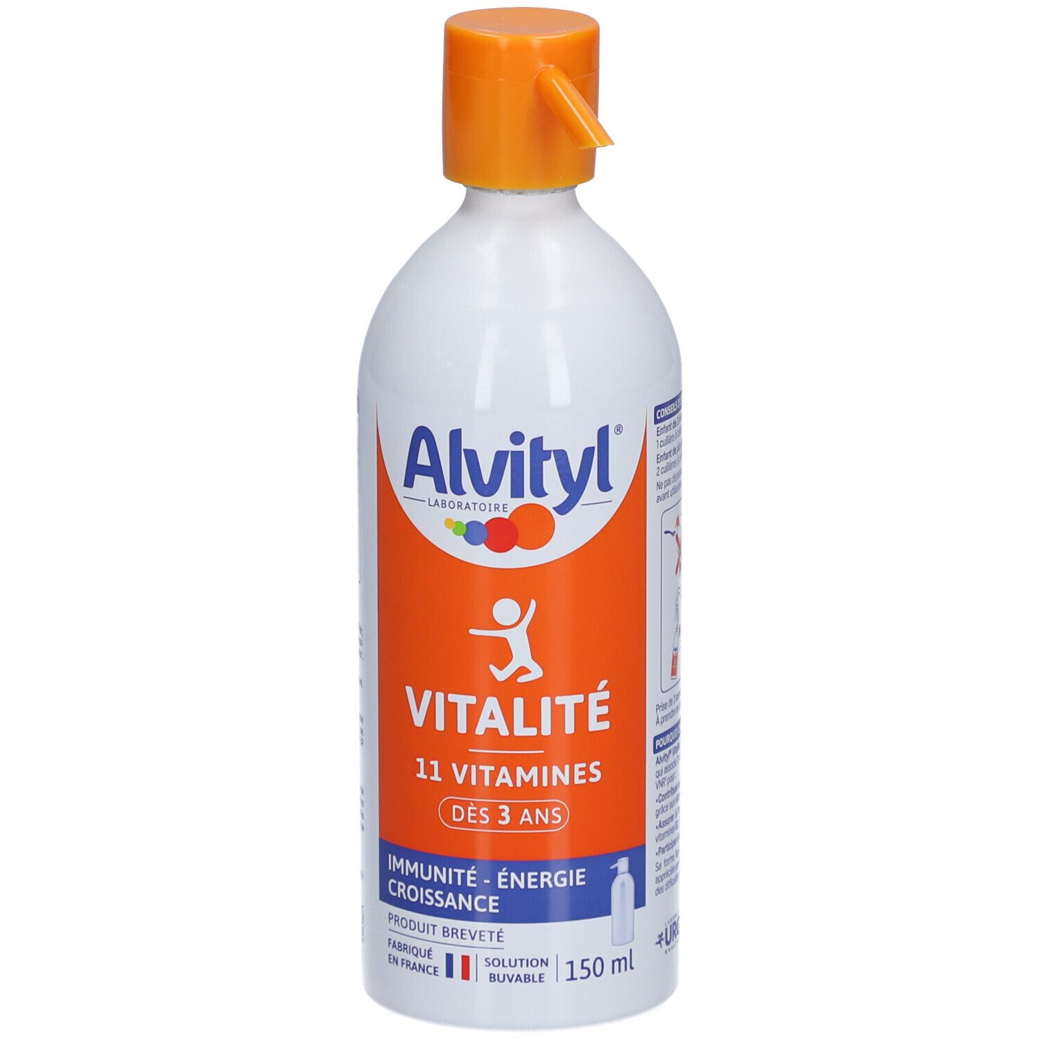 Flacon blanc avec bouchon orange. Étiquette avec logo Alvityl, texte Vitalité et 11 Vitamines. 150 ml.