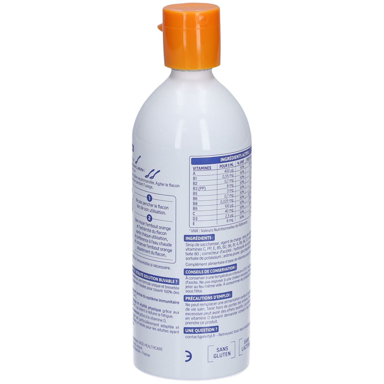 Dos du flacon blanc avec bouchon orange. Contient des informations sur les ingrédients et les valeurs nutritionnelles.