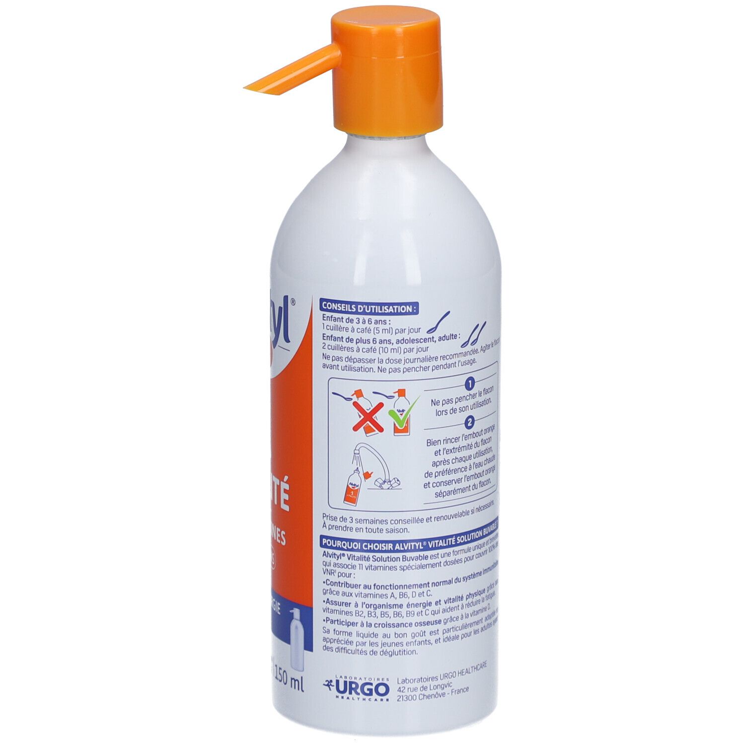 Dos du flacon blanc avec bouchon orange. Contient des instructions d'utilisation et le dosage.