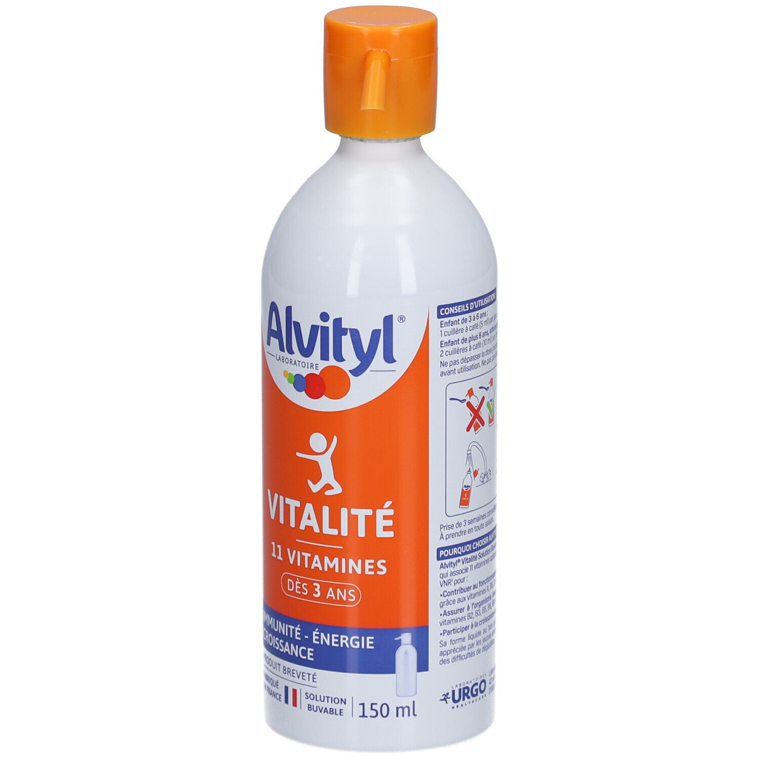 Flacon blanc avec bouchon orange. Étiquette avec logo Alvityl, texte Vitalité et 11 Vitamines. 150 ml.