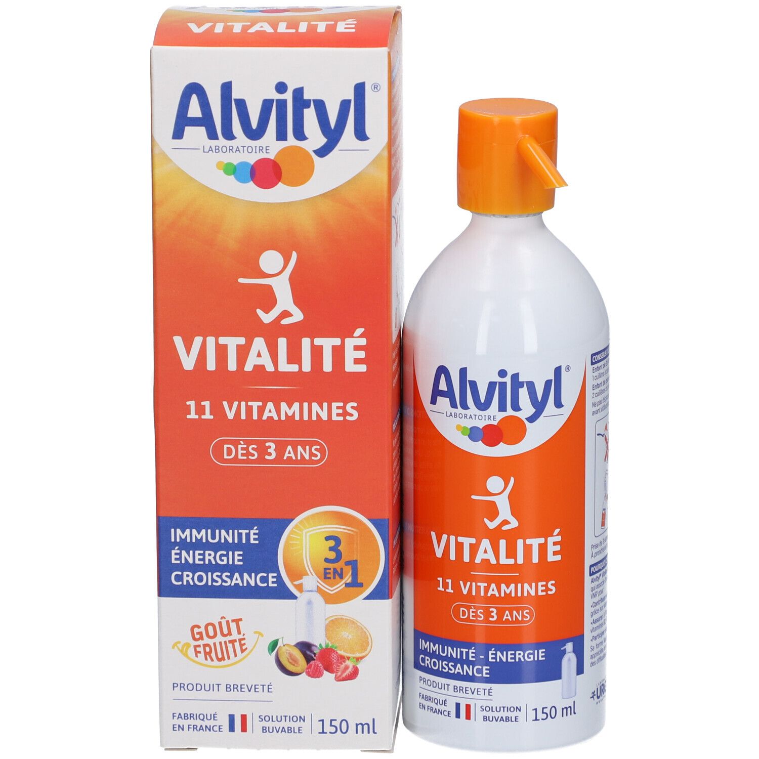 Flacon et emballage du produit. Flacon blanc avec bouchon orange. Boîte avec logo Alvityl et texte Vitalité.