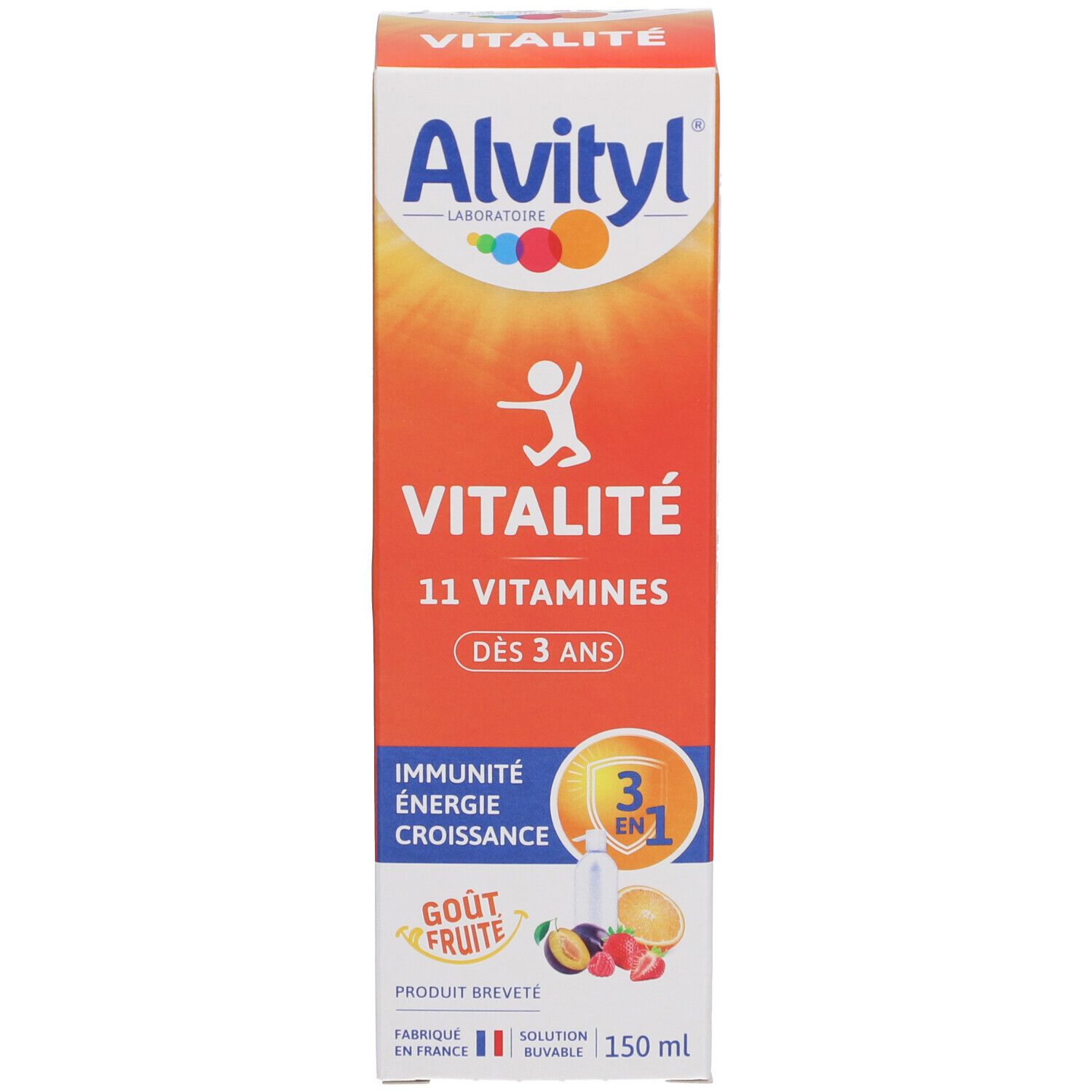 Emballage du produit. Boîte avec logo Alvityl, texte Vitalité et 11 Vitamines. 150 ml. Goût: Fruit.