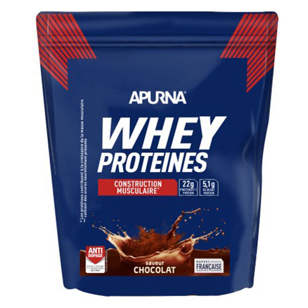 Dunkelblaue Verpackung mit weißem Schriftzug APURNA WHEY PROTEINES. Roter Streifen oben. Geschmack: Schokolade. 22g Protein, 5,1g Zucker.