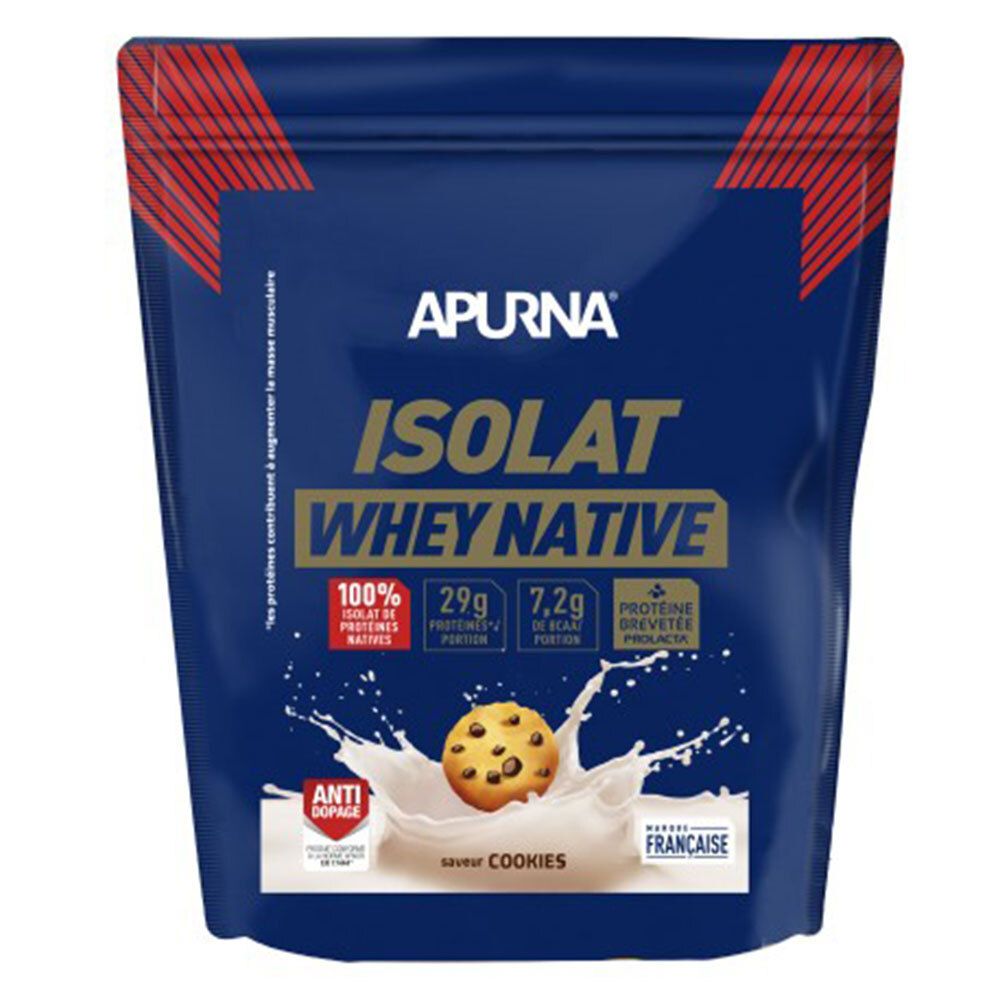 Blaue Tüte mit APURNA ISOLAT WHEY NATIVE. Abbildung eines Kekses in Milch. Text: 100% ISOLAT DE PROTÉINES NATIVES, 29g PROTEINES PAR PORTION, 7,2g BCAA.