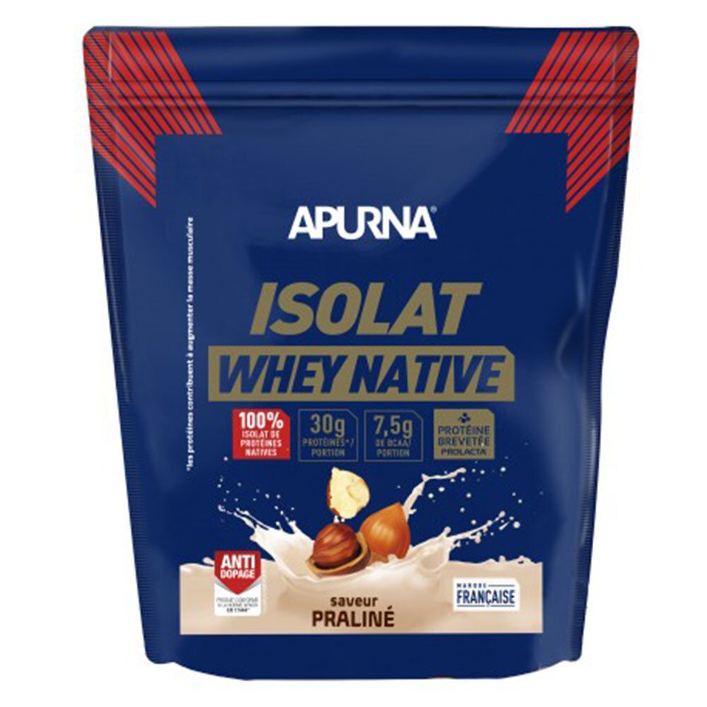 Blaue Tüte mit APURNA-Logo und "ISOLAT WHEY NATIVE". Enthält 30g Protein pro Portion. Geschmack: Praliné. Französische Marke.
