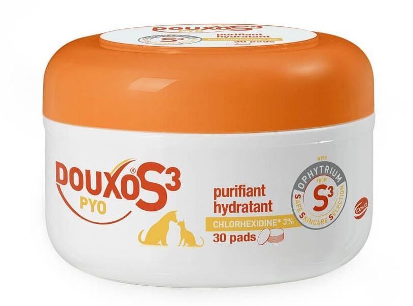 Boîte ronde de DOUXO S3 Pyo Pads. Récipient blanc, couvercle orange. Inscription DOUXO S3, PYO, 30 pads.