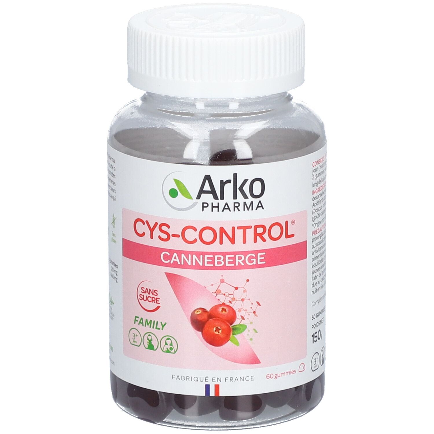 Klare Flasche mit weißen Deckel. Aufschrift Cys-Control, Cranberry-Abbildung. Marke Arkopharma. Ohne Zucker. 60 Gummies.